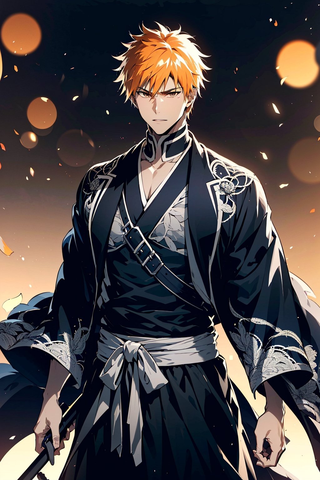 (masterpiece, best quality), , cowboy shot, solo, male focus, 1boy, kurosaki ichigo, slight smile, looking at viewer, short orange hair, brown eyes, japanese clothes, black kimono, 

(ultrahigh resolution textures), in dynamic pose, bokeh, (intricate details, hyperdetailed:1.15), detailed, HDR+, ,male