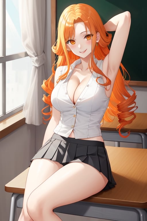 (masterpiece, best quality:1.2), Matsumoto Rangiku, solo, 40 years old, 
sleeveless White shirt with several buttons undone, 
Gray pleated short skirt,
vaguely see the black thong lace panties under the skirt,
orange hair, smile, large breasts, MILF, 
scene in school, armpit, Orange wavy long curly hair, shiny skin, perfect body, (big breasts:0.3), Reveal most of cleavage, Not wearing a bra, Matsumoto Rangiku ,MeikoDef,matsumoto rangiku,matsumoto_rangiku,blonde hair