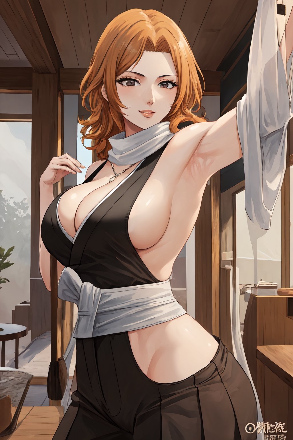 (masterpiece, best quality:1.2), solo, 1girl, matsumoto rangiku, looking at viewer, 
black japanese clothes, backless, sideboob, armpit, black pleated short skirt, side hip vent, detached sleeves, smile, big large breasts, (big breasts:0.5), bare shoulders, a thin golden necklace tucked between her cleavage, a long pink scarf over her shoulders, Orange wavy long curly hair, shiny skin, perfect body, Reveal cleavage, 
(ultrahigh resolution textures), in dynamic pose, bokeh, (intricate details, hyperdetailed:1.15), detailed, HDR+, showing armpit,
Japanese style house interior background, matsumoto rangiku,MeikoDef, backless, backless ,Xter,BACK VIEW