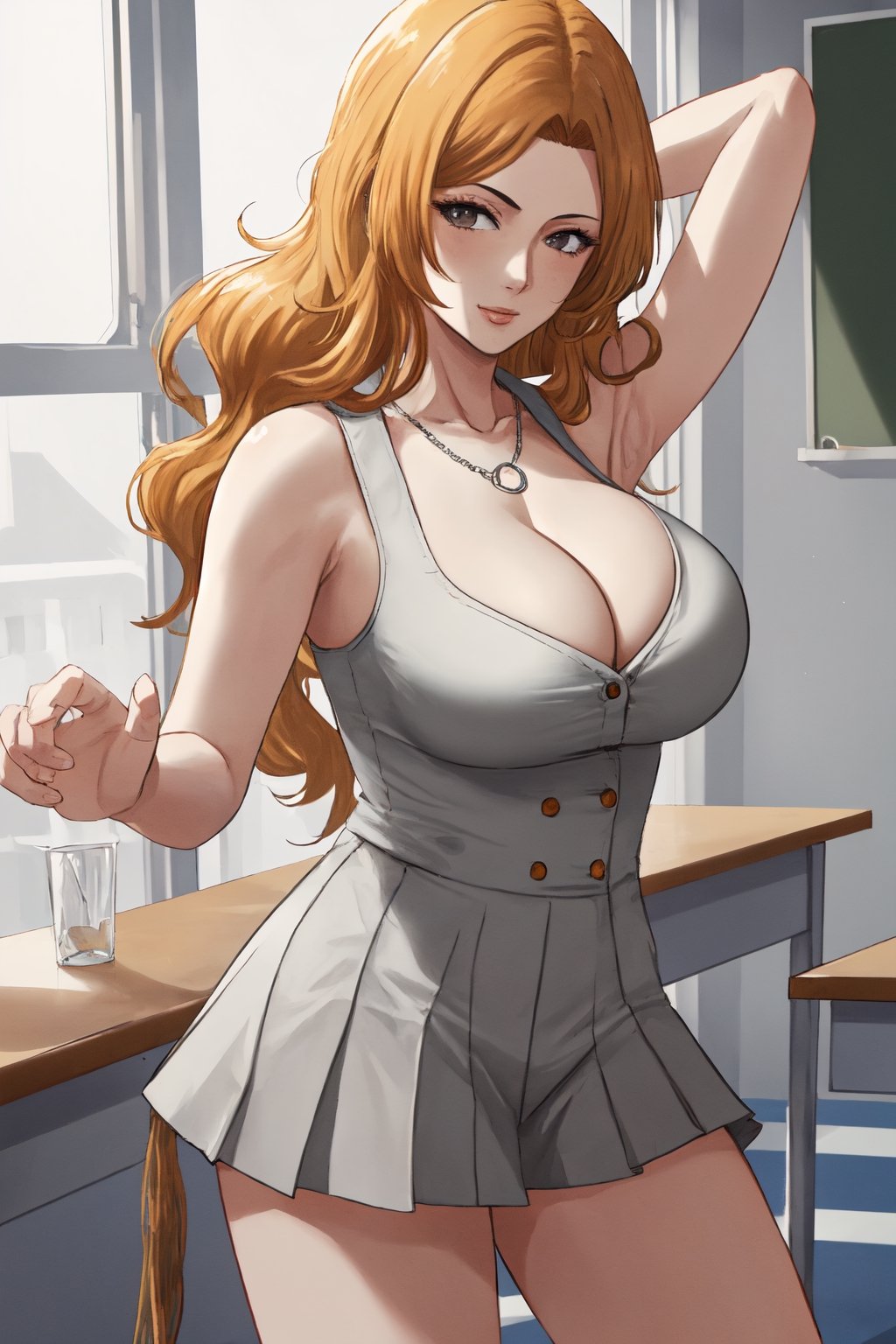 (masterpiece, best quality:1.2), solo, 1girl, matsumoto rangiku, looking at viewer, 
sleeveless White shirt with several buttons undone, White shirt, white buttons, White top,
Gray pleated short skirt, Gray skirt
smile, big large breasts, (big breasts:0.5), bare shoulders, a thin golden necklace tucked between her cleavage, Orange wavy long curly hair, shiny skin, perfect body, Reveal cleavage, 
(ultrahigh resolution textures), in dynamic pose, bokeh, (intricate details, hyperdetailed:1.15), detailed, HDR+, showing armpit,
school classroom interior background, matsumoto rangiku,MeikoDef, Xter