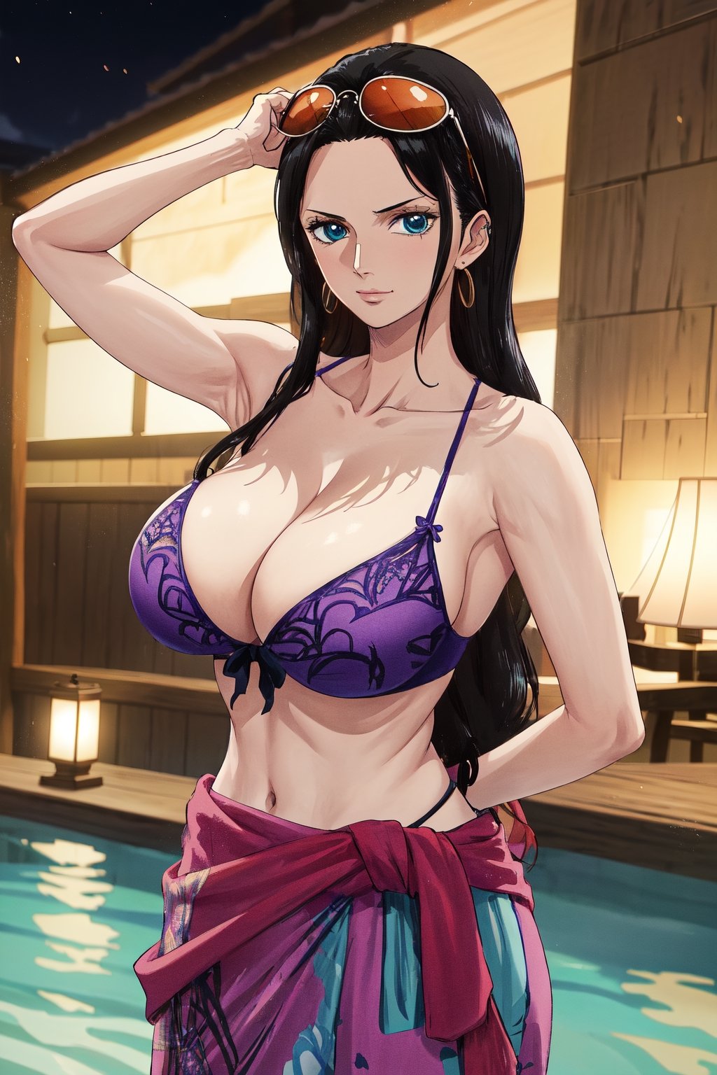 masterpiece, best quality, 1girl, solo, town background, 
long hair, looking at viewer, black hair, long hair, blue eyes, 30 years old, slim body,
sunglasses, eyewear on head, Purple top, Purple bikini, hair slicked back, pink print sarong tied around the waist, cleavage,large breasts,townscape,
Nico Robin, ((big breasts , cleavage)), chuckle, showing armpit, 
(ultrahigh resolution textures), in dynamic pose, bokeh, (intricate details, hyperdetailed:1.15), detailed, HDR+, 
Sleeveless off the shoulder, nico_robinnn,NicoRobin,MeikoDef,Xter