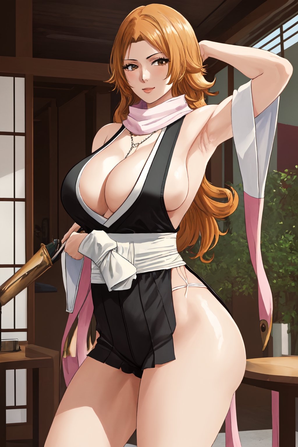 (masterpiece, best quality:1.2), solo, 1girl, matsumoto rangiku, looking at viewer, 
black japanese clothes, backless, sideboob, armpit, black pleated short skirt, side hip vent, detached sleeves, smile, big large breasts, (big breasts:0.5), bare shoulders, a thin golden necklace tucked between her cleavage, a long pink scarf over her shoulders, Orange wavy long curly hair, shiny skin, perfect body, Reveal cleavage, 
(ultrahigh resolution textures), in dynamic pose, bokeh, (intricate details, hyperdetailed:1.15), detailed, HDR+, showing armpit,
Japanese style house interior background, matsumoto rangiku,MeikoDef, backless, backless ,Xter