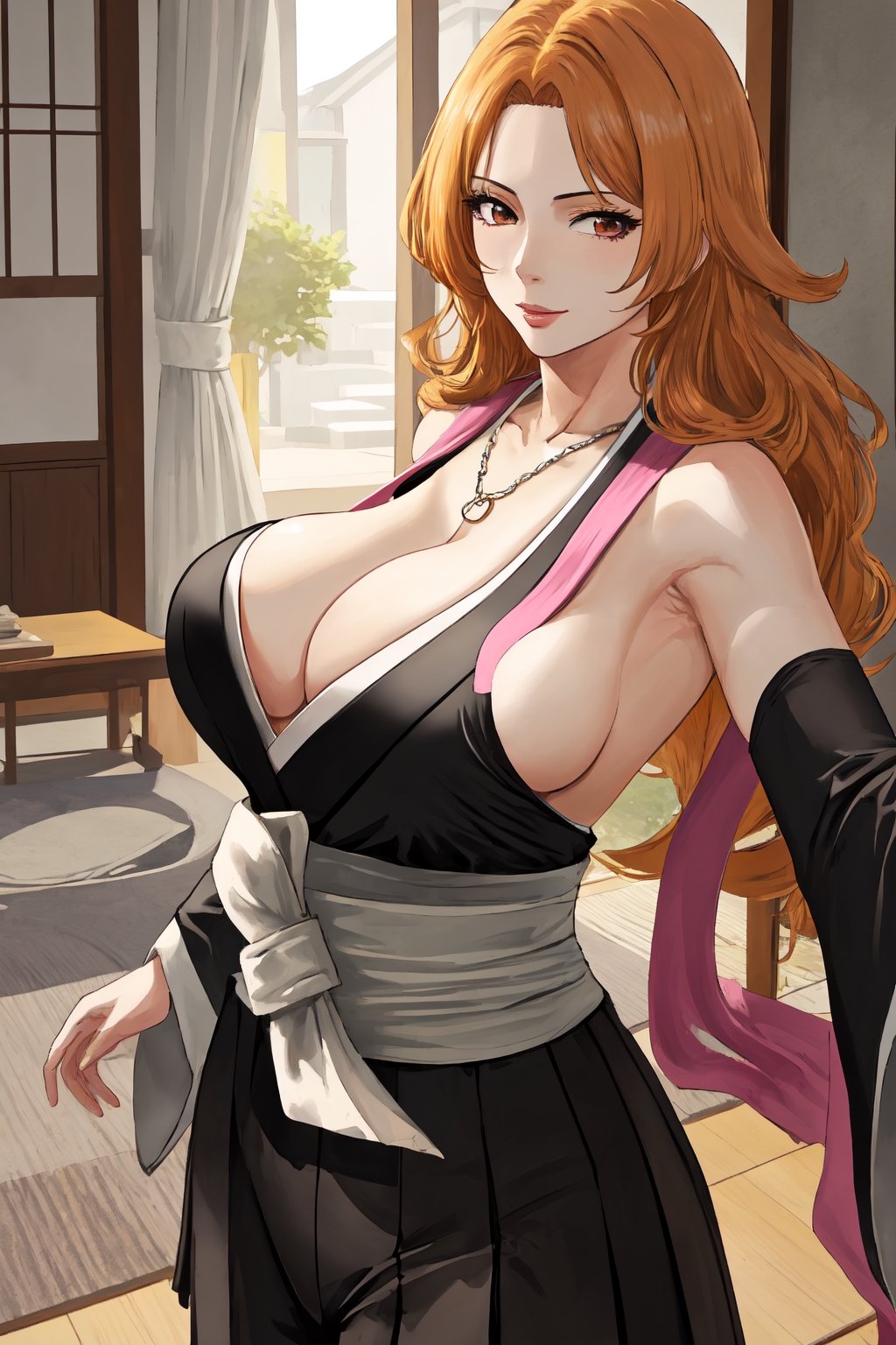 (masterpiece, best quality:1.2), solo, 1girl, matsumoto rangiku, looking at viewer, 
black japanese clothes, backless, sideboob, armpit, black pleated short skirt, side hip vent, detached sleeves, smile, big large breasts, (big breasts:0.5), bare shoulders, a thin golden necklace tucked between her cleavage, a long pink scarf over her shoulders, Orange wavy long curly hair, shiny skin, perfect body, Reveal cleavage, 
(ultrahigh resolution textures), in dynamic pose, bokeh, (intricate details, hyperdetailed:1.15), detailed, HDR+, showing armpit,
Japanese style house interior background, matsumoto rangiku,MeikoDef, backless, backless ,Xter