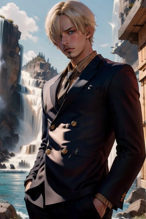 (masterpiece, best quality:1.2), a handsome young man, 20 years old, sanji2, suit, hair_over_one_eye, eyeblow, black shirts, necktie, Burgundy jacket, facial hair, cowboy shot