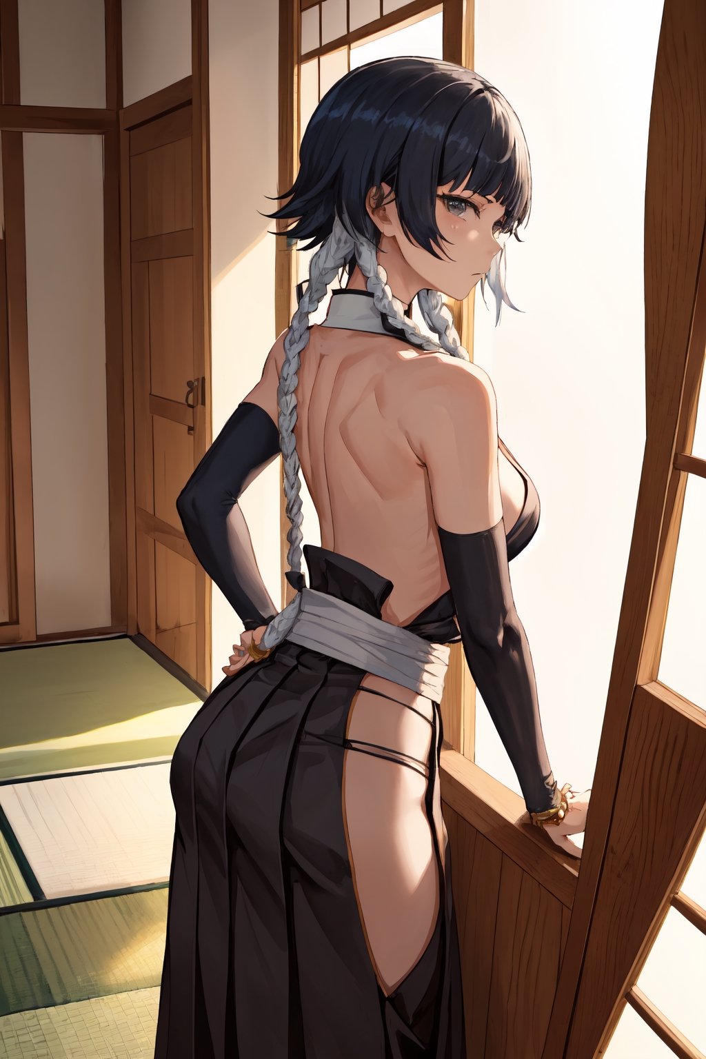 (masterpiece, best quality:1.2), solo, 1girl, soifon, expressionless, looking at viewer, a relatively petite woman with gray eyes and black hair which she wears short with two long braids bound in white cloth, each ending in a large golden ring.  japanese clothes, sideboob, black pleated short skirt,hip vent, detached sleeves, bare shoulders ,soifon,MeikoDef, small breasts, Japanese style house interior ,backless, short black hair, showing armpit, ,BACK VIEW