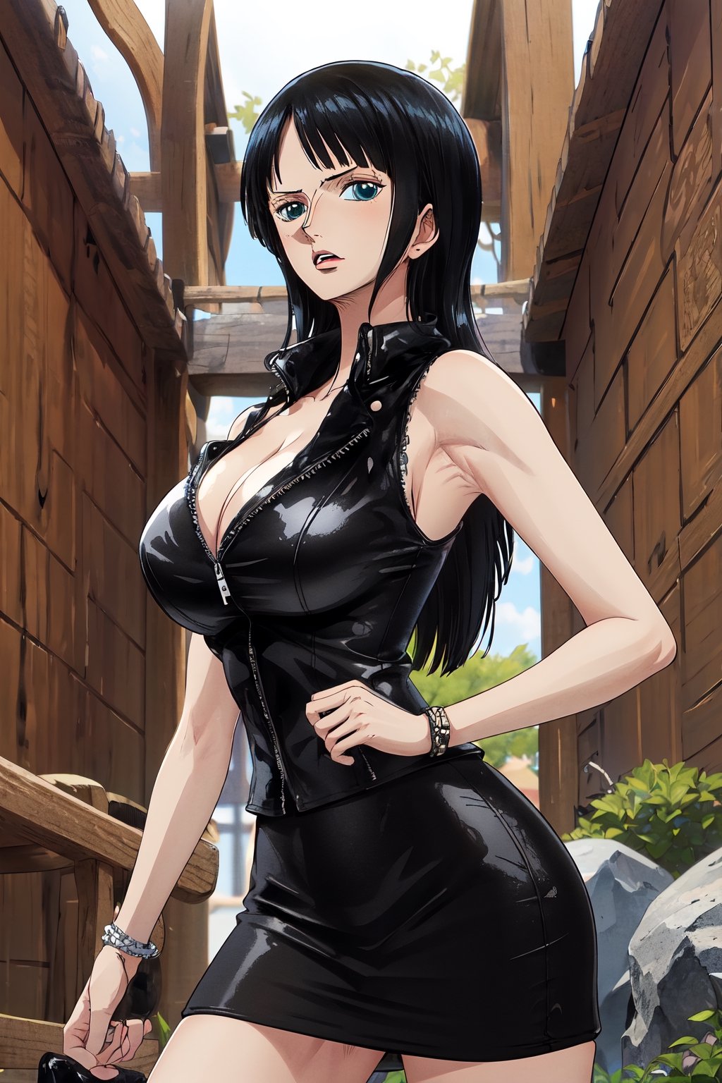 masterpiece, best quality, 1girl, solo, stone house town background, 
long hair, looking at viewer, black hair, long hair, blue eyes, 30 years old, slim body,
Sleeveless black leather jacket, black leather skirt, cleavage,large breasts,townscape,
Nico Robin, ((big breasts , cleavage)), chuckle, showing armpit, armpit,
(ultrahigh resolution textures), in dynamic pose, bokeh, (intricate details, hyperdetailed:1.15), detailed, HDR+, 
Sleeveless off the shoulder, nico_robinnn,NicoRobin,MeikoDef,Xter,blunt_bangs