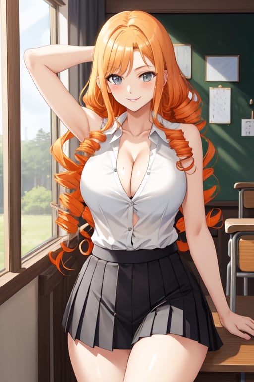 (masterpiece, best quality:1.2), Matsumoto Rangiku, solo, 40 years old, 
sleeveless White shirt with several buttons undone, 
Gray pleated short skirt,
vaguely see the black thong lace panties under the skirt,
orange hair, smile, large breasts, MILF, 
scene in school, armpit, Orange wavy long curly hair, shiny skin, perfect body, (big breasts:0.3), Reveal most of cleavage, Not wearing a bra, Matsumoto Rangiku ,MeikoDef,matsumoto rangiku,matsumoto_rangiku,blonde hair