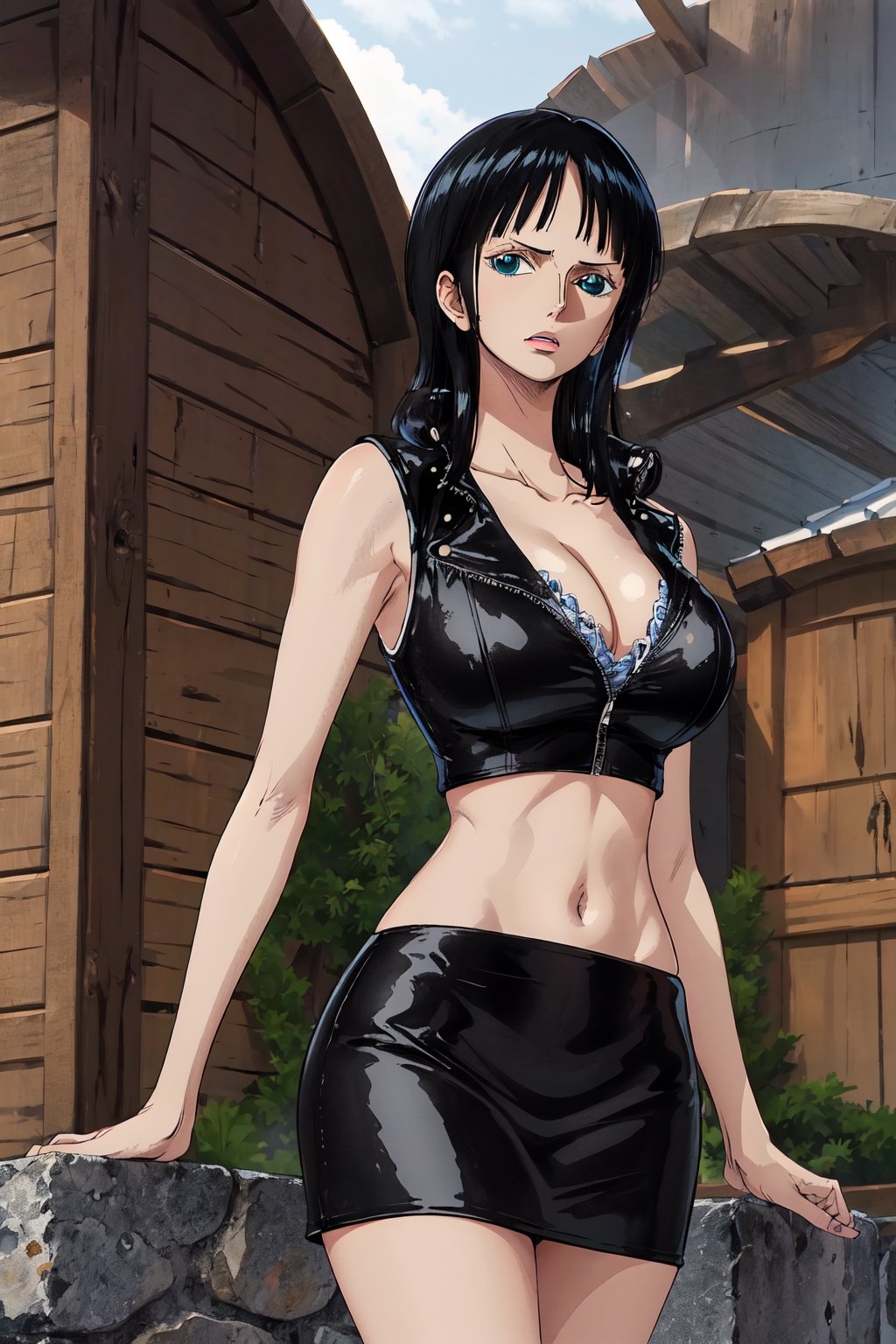 masterpiece, best quality, 1girl, solo, stone house town background, 
long hair, looking at viewer, black hair, long hair, blue eyes, 30 years old, slim body,
Sleeveless black leather jacket, black leather skirt, cleavage,large breasts,townscape,
Nico Robin, ((big breasts , cleavage)), chuckle, showing armpit, 
(ultrahigh resolution textures), in dynamic pose, bokeh, (intricate details, hyperdetailed:1.15), detailed, HDR+, 
Sleeveless off the shoulder, nico_robinnn,NicoRobin,MeikoDef,Xter,blunt_bangs