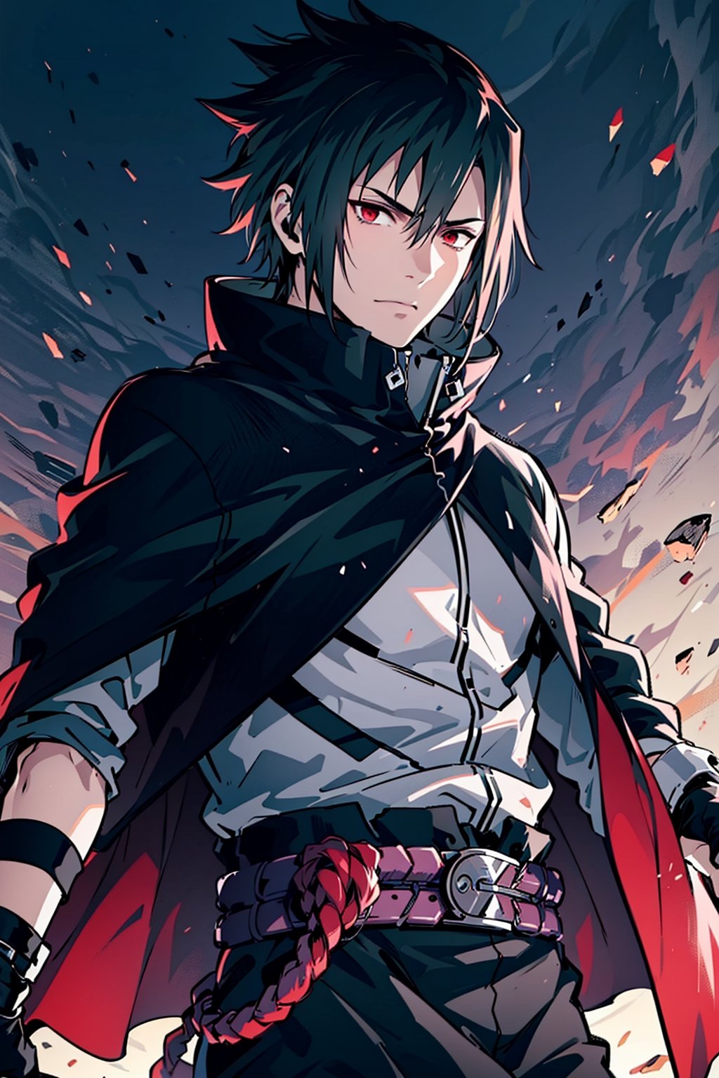 (masterpiece, best quality), , cowboy shot, solo, male focus, 1boy, Sasuke Uchiha, slight smile, looking at viewer, 
The left eye glows purple and the right eye glows red, spiky black hair with a blue tint. Sasuke's hair is long, very handsome. 
black cloak, a maroon cinch on the collar, and maroon lining. His long-sleeved shirt gains light grey cuffs, and he wears a pair of brown leather belts with a black sheath for his sword, 
The whole body exudes black and purple aura, black and purple background,

(ultrahigh resolution textures), in dynamic pose, bokeh, (intricate details, hyperdetailed:1.15), detailed, HDR+, ,male,Naruto uzumaki ,n4rut0,s4suk3