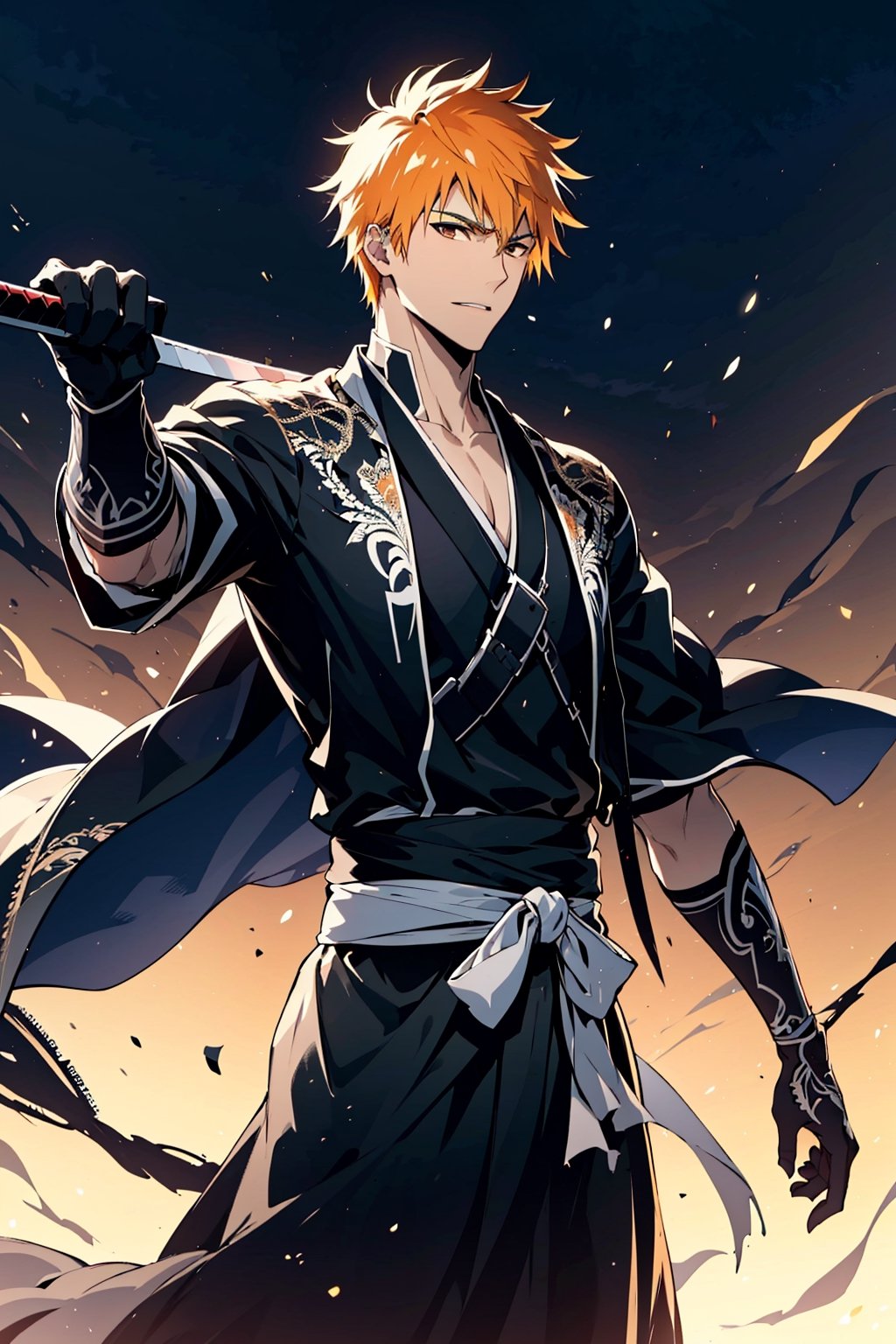 (masterpiece, best quality), , cowboy shot, solo, male focus, 1boy, kurosaki ichigo, slight smile, looking at viewer, short orange hair, brown eyes, japanese clothes, black kimono, Holding black katana,

(ultrahigh resolution textures), in dynamic pose, bokeh, (intricate details, hyperdetailed:1.15), detailed, HDR+, ,male