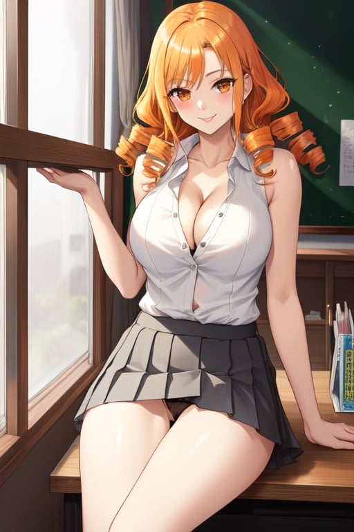 (masterpiece, best quality:1.2), Matsumoto Rangiku, solo, 40 years old, 
sleeveless White shirt with several buttons undone, 
Gray pleated short skirt,
vaguely see the black thong lace panties under the skirt,
orange hair, smile, large breasts, MILF, 
scene in school, armpit, Orange wavy long curly hair, shiny skin, perfect body, (big breasts:0.3), Reveal most of cleavage, Not wearing a bra, Matsumoto Rangiku ,MeikoDef,matsumoto rangiku,matsumoto_rangiku,blonde hair