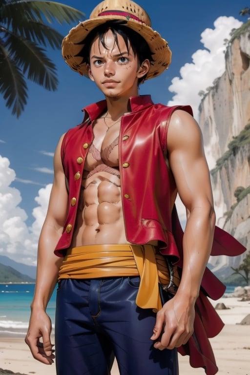 a handsome young man, 19 years old, with a pretty face, tall and of medium build. Short wavy black hair, light olive skin. with a slim and athletic body. he wears a straw hat on his head. He wears a baggy red sleeveless jacket that extends to mid-thigh, accompanied by a pair of baggy jeans. He keeps his jacket unbuttoned, exposing the detailed muscles of him. In the background is a beach surrounded by tropical jungle and the sea in the distance, sciamano240, 1boy, Wrenchftmfshn,1utf1, Luffy one piece, There is an X-shaped scar on the chest, sleeveless, Show arm muscles, armpit hair