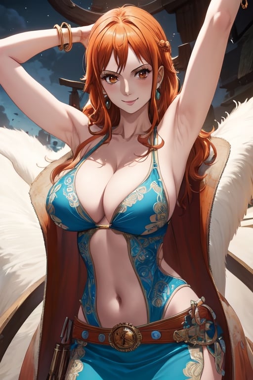 masterpiece, best quality, Nami (one piece), 1girl, solo, long hair, looking at viewer, orange hair, short hair, orange eyes,
simple background, 
earrings, jewelry,brown shirt, navel,shoulder tattoo, bangle,belt,white short skirt, white miniskirt,blue staff,holding staff, grey background, smile,large breasts, 
Nami, ((big breasts , cleavage)), 
(ultrahigh resolution textures), in dynamic pose, bokeh, (intricate details, hyperdetailed:1.15), detailed, moonlight passing through hair, fantasy background, (official art, extreme detailed, highest detailed), HDR+, 
Sleeveless off the shoulder, armpit, raise hand,
nami \(one piece\),NamiOP,MeikoDef,realhands,hand,Xter