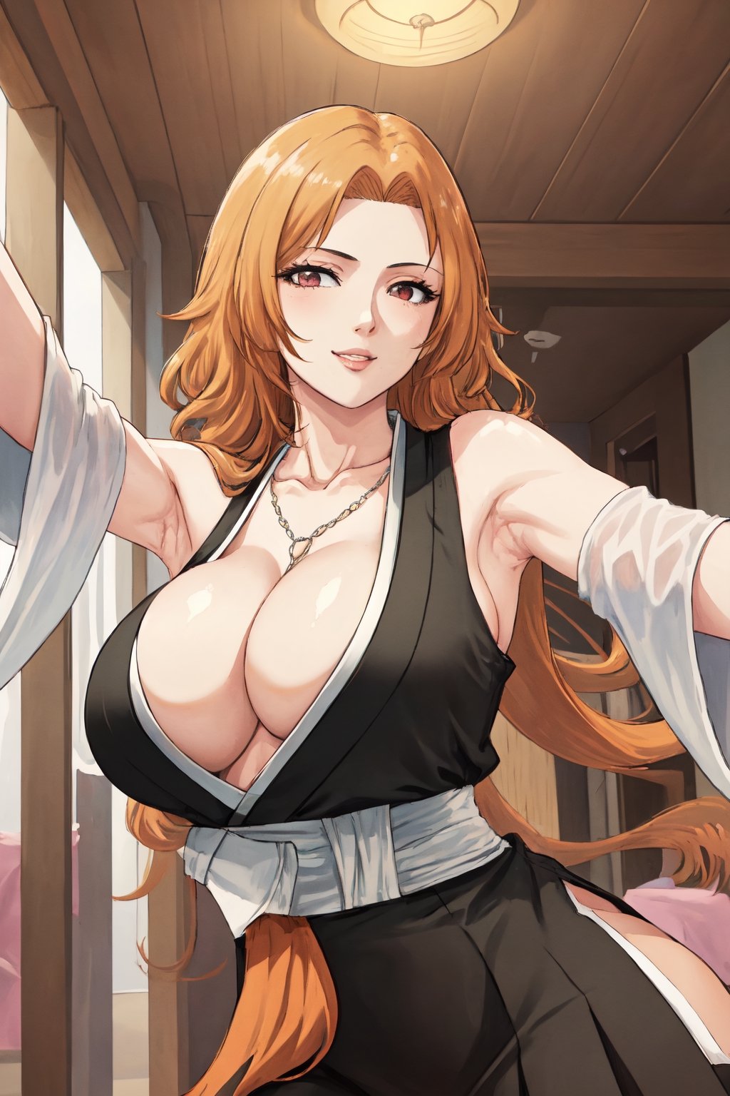 (masterpiece, best quality:1.2), solo, 1girl, matsumoto rangiku, looking at viewer, 
black japanese clothes, backless, sideboob, armpit, black pleated short skirt, side hip vent, detached sleeves, smile, big large breasts, (big breasts:0.5), bare shoulders, a thin golden necklace tucked between her cleavage, a long pink scarf over her shoulders, Orange wavy long curly hair, shiny skin, perfect body, Reveal cleavage, 
(ultrahigh resolution textures), in dynamic pose, bokeh, (intricate details, hyperdetailed:1.15), detailed, HDR+, showing armpit,
Japanese style house interior background, matsumoto rangiku,MeikoDef, backless, backless ,Xter,BACK VIEW