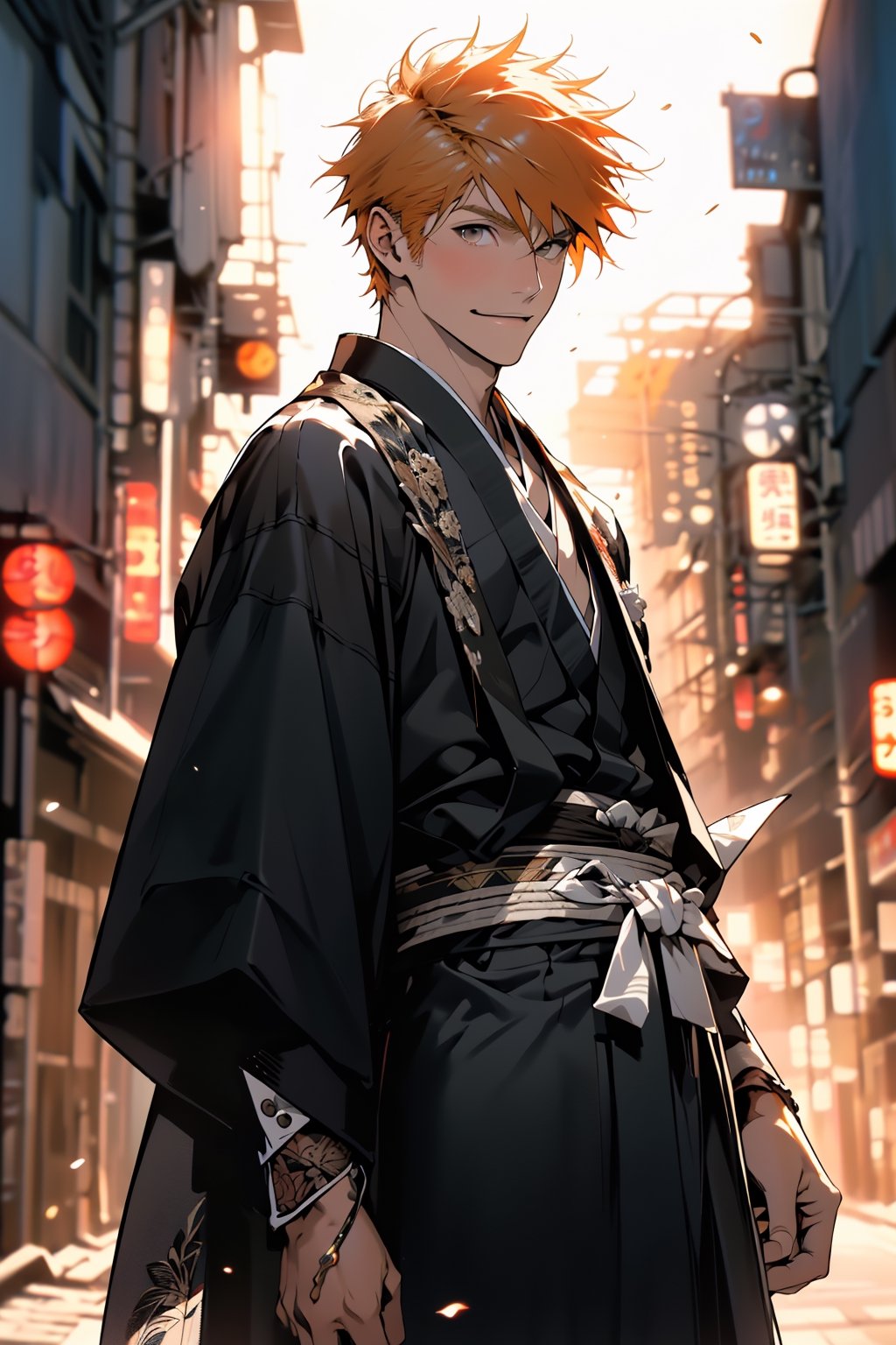 (masterpiece, best quality), , cowboy shot, solo, male focus, 1boy, kurosaki ichigo, slight smile, looking at viewer, short orange hair, brown eyes, japanese clothes, black kimono, 

(ultrahigh resolution textures), in dynamic pose, bokeh, (intricate details, hyperdetailed:1.15), detailed, HDR+, 