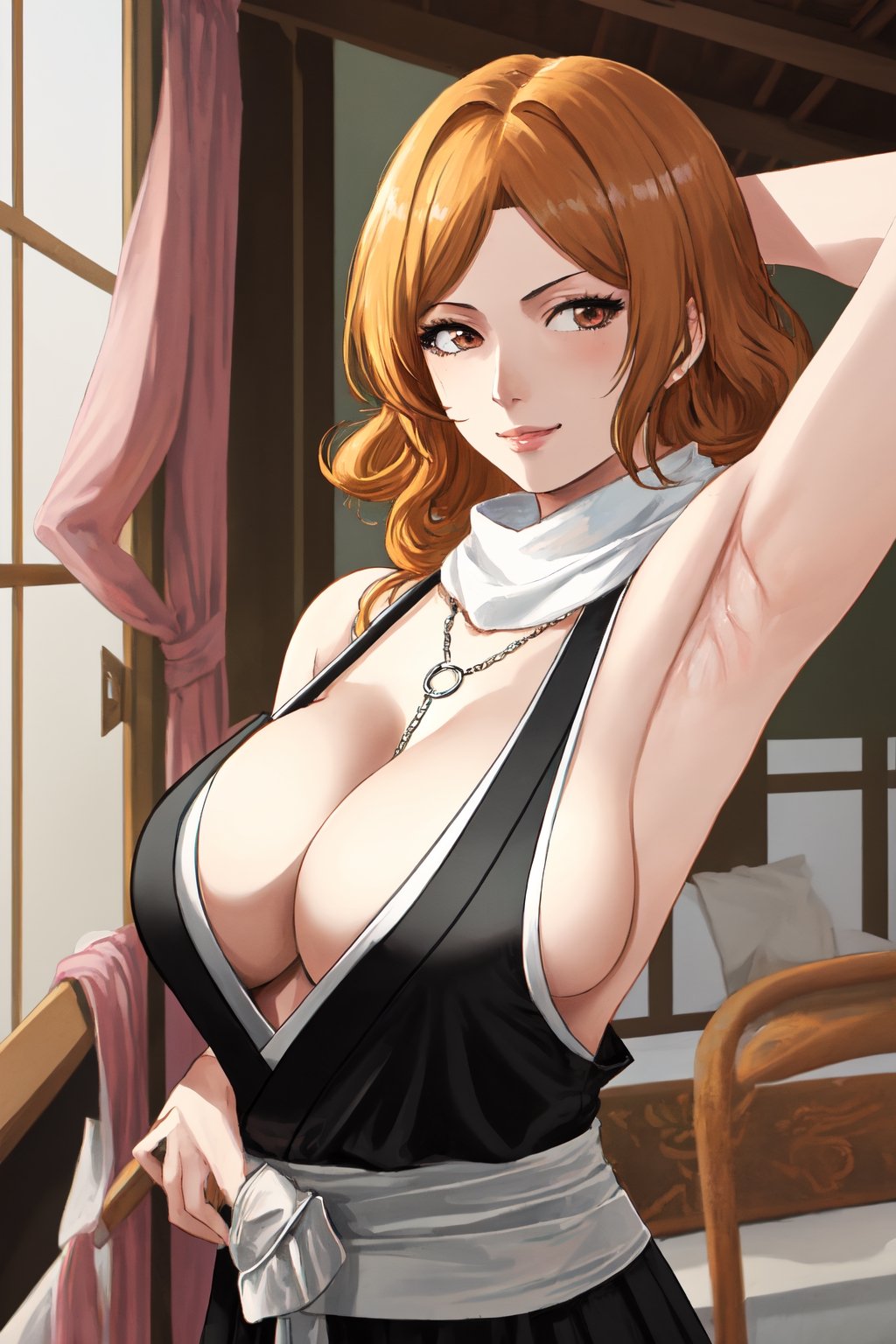 (masterpiece, best quality:1.2), solo, 1girl, matsumoto rangiku, looking at viewer, 
black japanese clothes, backless, sideboob, armpit, black pleated short skirt, side hip vent, detached sleeves, smile, big large breasts, (big breasts:0.5), bare shoulders, a thin golden necklace tucked between her cleavage, a long pink scarf over her shoulders, Orange wavy long curly hair, shiny skin, perfect body, Reveal cleavage, 
(ultrahigh resolution textures), in dynamic pose, bokeh, (intricate details, hyperdetailed:1.15), detailed, HDR+, showing armpit,
Japanese style house interior background, matsumoto rangiku,MeikoDef, backless, backless ,Xter