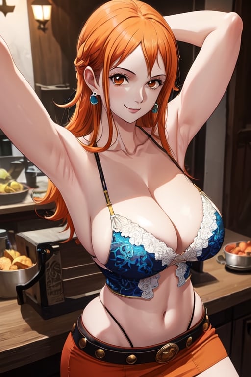 masterpiece, best quality, Nami (one piece), 1girl, solo, long hair, looking at viewer, orange hair, short hair, orange eyes,
town background, 
earrings, jewelry,brown shirt, navel,shoulder tattoo, bangle, belt, short skirt, miniskirt, smile,
Nami, ((big breasts , cleavage)), 
(ultrahigh resolution textures), in dynamic pose, bokeh, (intricate details, hyperdetailed:1.15), detailed, HDR+, 
Sleeveless off the shoulder, armpit, 
nami \(one piece\),NamiOP,MeikoDef,realhands,hand,Xter