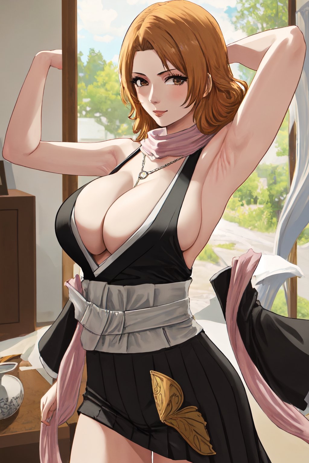 (masterpiece, best quality:1.2), solo, 1girl, matsumoto rangiku, looking at viewer, 
black japanese clothes, backless, sideboob, armpit, black pleated short skirt, side hip vent, detached sleeves, smile, big large breasts, (big breasts:0.5), bare shoulders, a thin golden necklace tucked between her cleavage, a long pink scarf over her shoulders, Orange wavy long curly hair, shiny skin, perfect body, Reveal cleavage, 
(ultrahigh resolution textures), in dynamic pose, bokeh, (intricate details, hyperdetailed:1.15), detailed, HDR+, showing armpit,
Japanese style house interior background, matsumoto rangiku,MeikoDef, backless, backless ,Xter