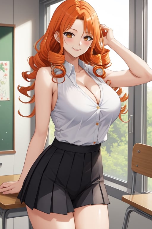 (masterpiece, best quality:1.2), Matsumoto Rangiku, solo, 40 years old, 
sleeveless White shirt with several buttons undone, 
Gray pleated short skirt,
vaguely see the black thong lace panties under the skirt,
orange hair, smile, large breasts, MILF, 
scene in school, armpit, Orange wavy long curly hair, shiny skin, perfect body, (big breasts:0.3), Reveal most of cleavage, Not wearing a bra, Matsumoto Rangiku ,MeikoDef,matsumoto rangiku,matsumoto_rangiku,