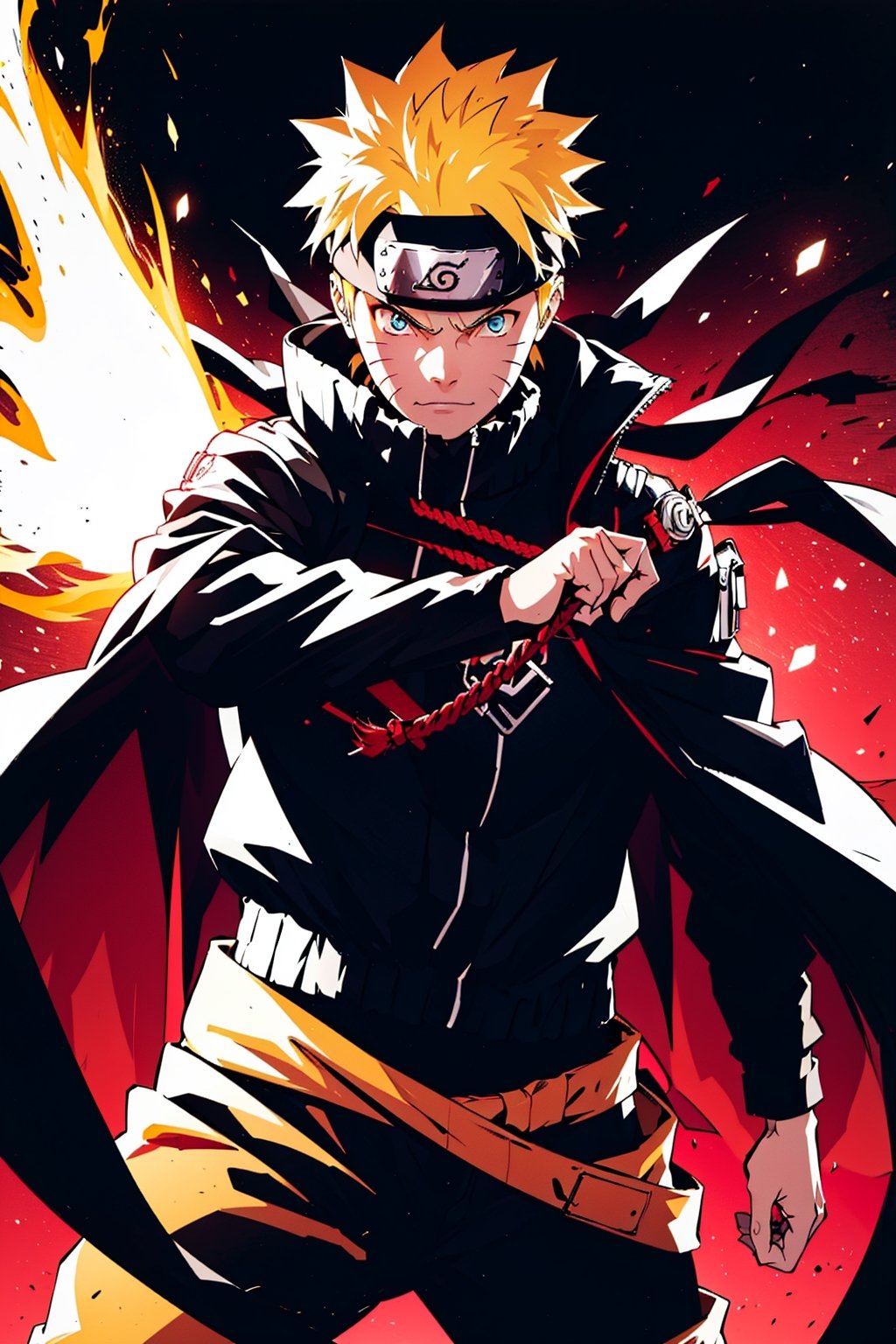 (masterpiece, best quality), , cowboy shot, solo, male focus, 1boy, Uzumaki Naruto, slight smile, looking at viewer, yellow-blond, spiky hair and blue eyes, His trademark characteristics are the three whisker markings on his cheeks. 
wears a black uniform jacket with an orange zipper and buttons on the waist and sleeves, black pants, a white cape that has a red flame pattern around the hem, is held together by a red rope. 
The whole body exudes black and red aura, black and red background,

(ultrahigh resolution textures), in dynamic pose, bokeh, (intricate details, hyperdetailed:1.15), detailed, HDR+, ,male,Naruto uzumaki ,n4rut0