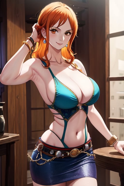 masterpiece, best quality, Nami (one piece), 1girl, solo, long hair, looking at viewer, orange hair, short hair, orange eyes,
town background, 
earrings, jewelry,brown shirt, navel,shoulder tattoo, bangle, belt, short skirt, miniskirt, smile,
Nami, ((big breasts , cleavage)), 
(ultrahigh resolution textures), in dynamic pose, bokeh, (intricate details, hyperdetailed:1.15), detailed, HDR+, 
Sleeveless off the shoulder, armpit, 
nami \(one piece\),NamiOP,MeikoDef,realhands,hand,Xter