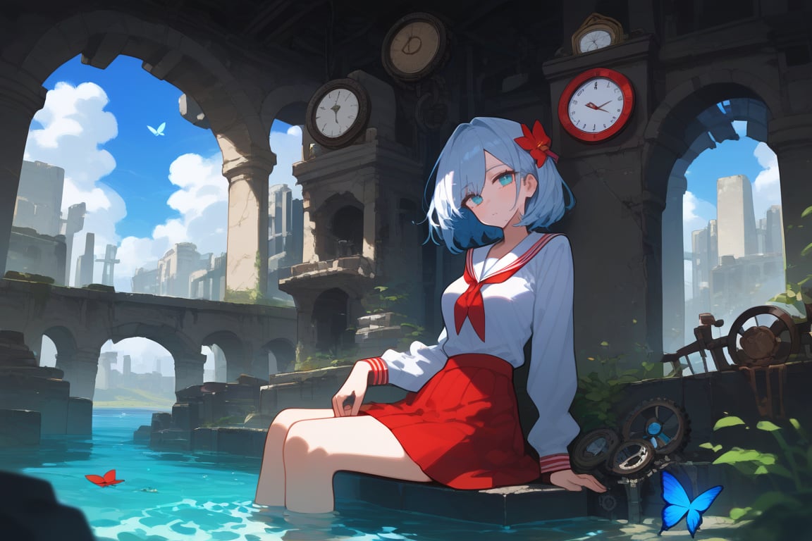 1girl, niji, blush, blue butterfly, masjid, clock,  day, gears, head tilt, indoors, long sleeves, partially submerged, red ribbon, big red skirt, ruins, sitting, skirt, 
depth of field, masterpiece, best quality, amazing quality, very aesthetic, absurdres, 
score_9, score_8_up, score_7_up