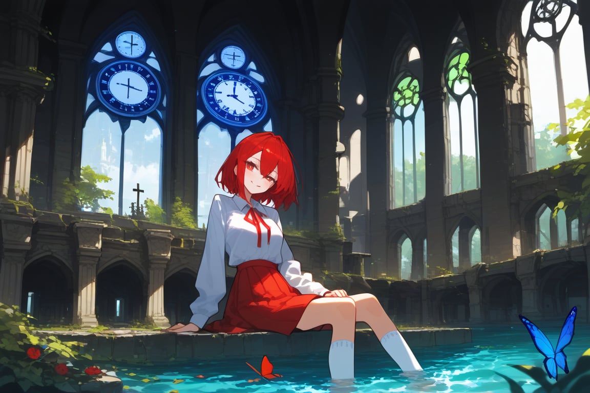 1girl, niji, blush, blue butterfly, church, clock, cross, day, gears, head tilt, indoors, long sleeves, partially submerged, red ribbon, red skirt, ruins, sitting, skirt, smile, socks, solo, sunlight, tree, wariza, water, white socks, 

depth of field, masterpiece, best quality, amazing quality, very aesthetic, absurdres, 
score_9, score_8_up, score_7_up