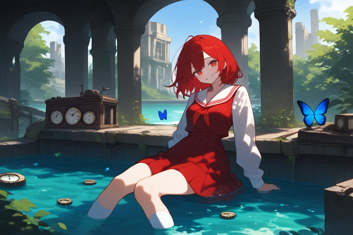 1girl, niji, blush, blue butterfly, masjid, clock,  day, gears, head tilt, indoors, long sleeves, partially submerged, red ribbon, big red skirt, ruins, sitting, skirt, smile, socks, solo, sunlight, tree, wariza, water, white socks, 

depth of field, masterpiece, best quality, amazing quality, very aesthetic, absurdres, 
score_9, score_8_up, score_7_up