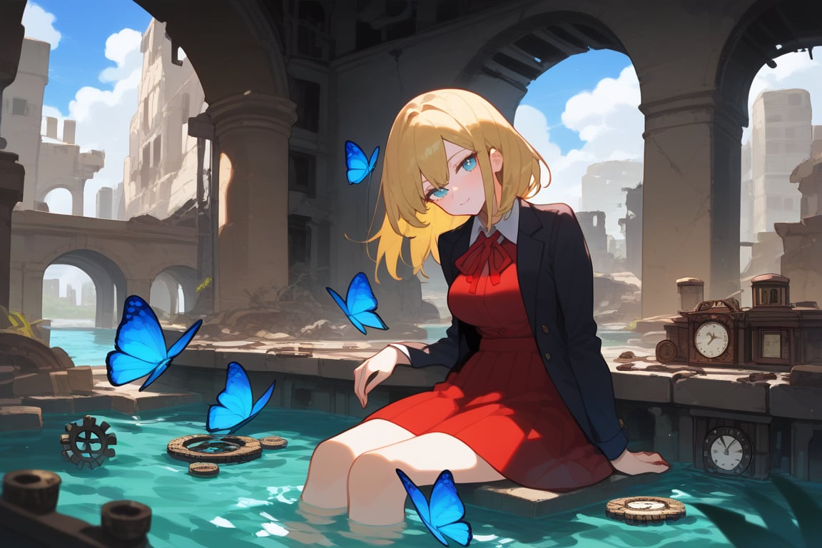 1girl, niji, blush, blue butterfly, masjid, clock,  day, gears, head tilt, indoors, long sleeves, partially submerged, red ribbon, big red skirt, ruins, sitting, skirt, 
depth of field, masterpiece, best quality, amazing quality, very aesthetic, absurdres, 
score_9, score_8_up, score_7_up