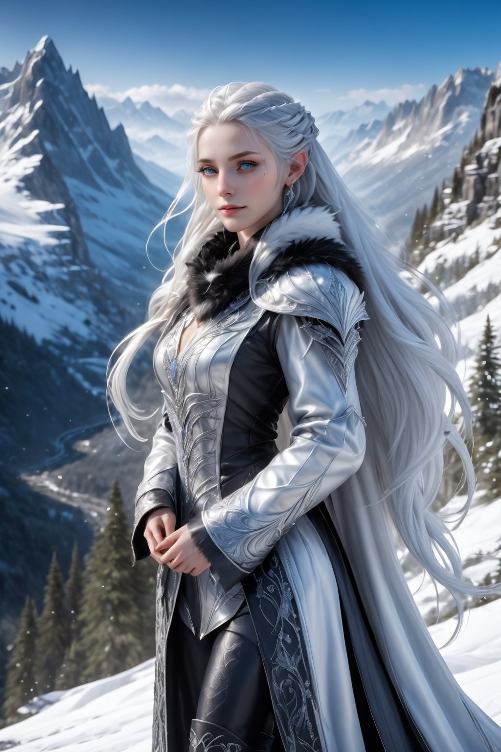 Extreme detailed,ultra Realistic,
beautiful young ELF lady,platinum silver shining hair, long elvish braid, side braid,Beautiful crystal blue eyes, fur collar,
Wearing leather tunic, hooded cloak, animal fur hood, intricate clothing, animal fur clothing, dark clothing, waistband, scarf, soft smile, bending posture, looking into the distance, 
snowy mountain scenery, overlooking valley, river, white clouds, seen from behind,ol1v1adunne,DonM3lv3sXL,niji6