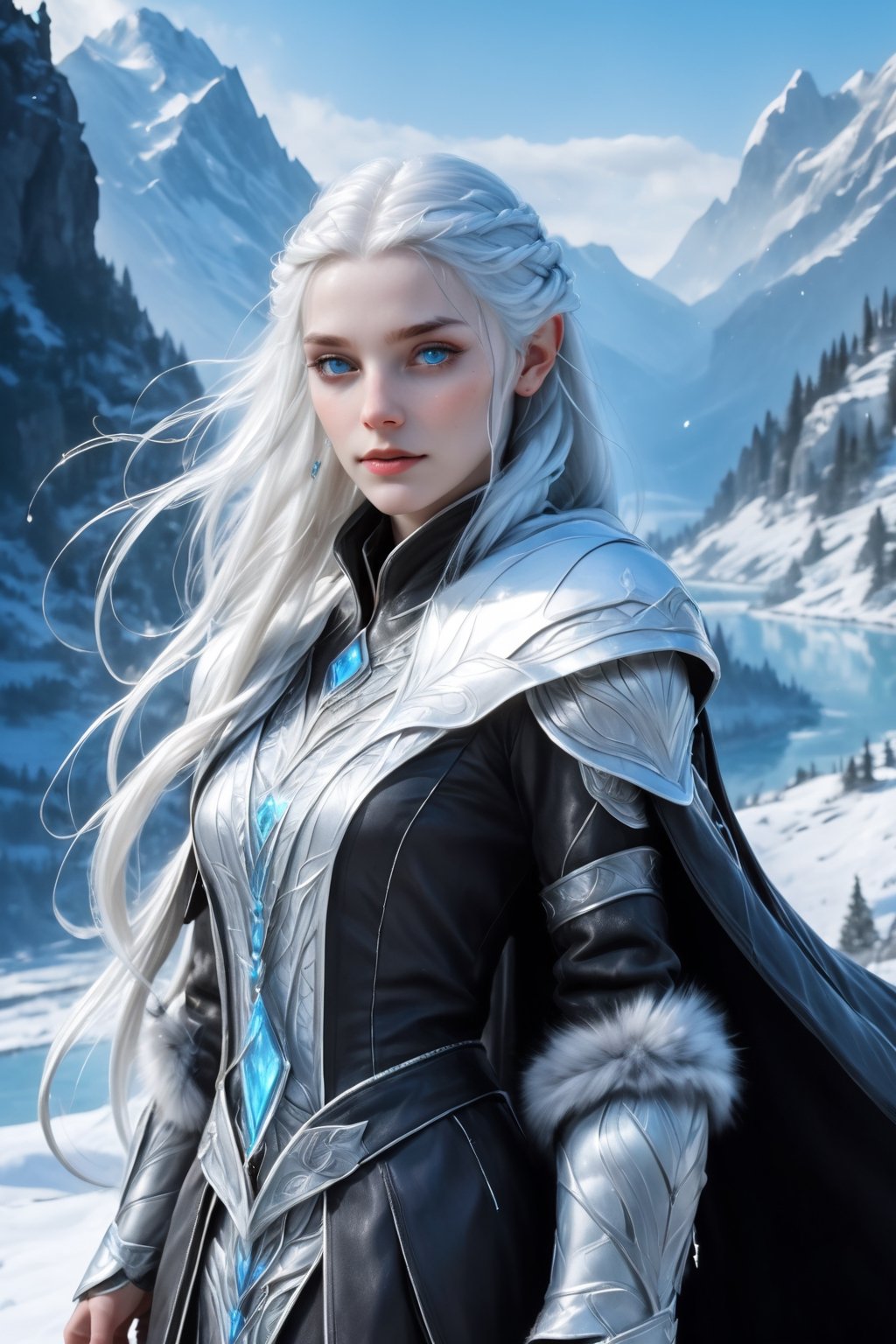 Extreme detailed,ultra Realistic,
beautiful young ELF lady,platinum silver shining hair, long elvish braid, side braid,Beautiful crystal blue eyes,
Wearing leather tunic, hooded cloak, animal fur hood, intricate clothing, animal fur clothing, dark clothing, waistband, scarf, soft smile, bending posture, looking into the distance, 
snowy mountain scenery, overlooking valley, river, white clouds, seen from behind,ol1v1adunne,DonM3lv3sXL,niji6