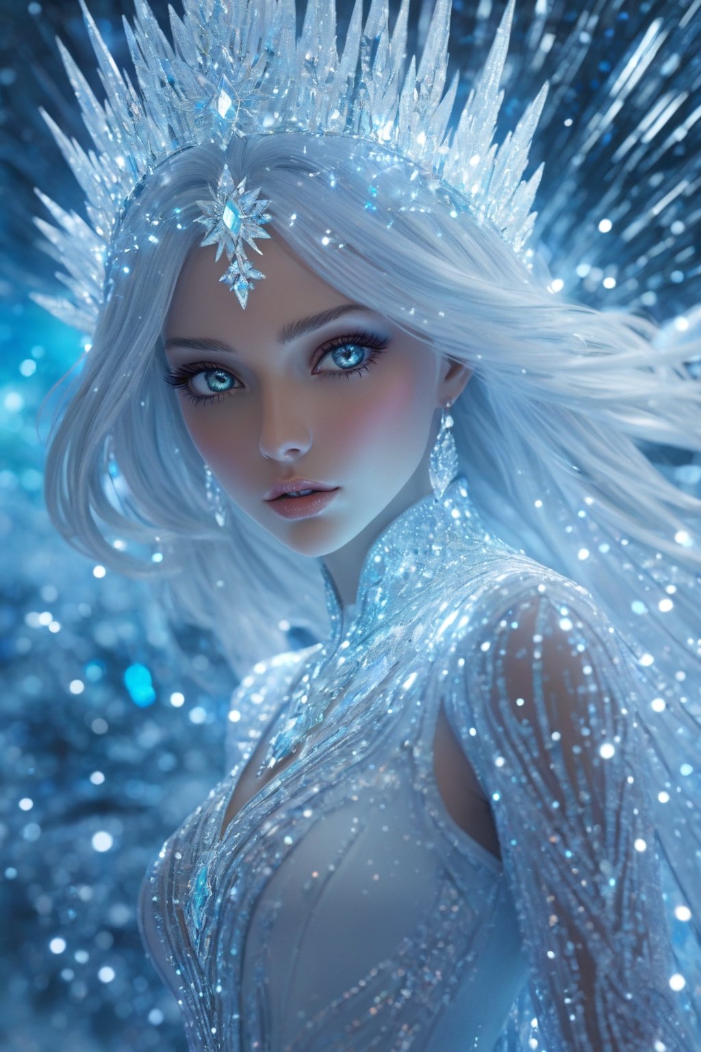 Futurististic Ice Goddess, Radiant and luminous Eyes Realistic Face, Blowing Messy Hair Iridescent Snowflakes Crystal Beads Curtain creating a mesmerizing visual spectacle ((The winter landscape is bathed)) Her animated 3D form is adorned with intricate metallic details and glowing LED lights detailed gorgeous face, extremely detailed eyes, dreamy, glowing, backlit, glamour, glimmer, shadows, Ultra Hyper Deatiled, Hyper realistic, cinematic environment, photorealistic, minimal wear, photorealistic, Hyper Realistic, extremely detailed, Hyper Realistic, Multicolor Intense Vivid Color Pallete, Elegant, Fascinated, Symmetrical, evocative pose, 8K, art inspaired by Cris Ortega, Omar OrtizCinematic pose, Dynamic movements, fashion shoot, cinematic pose, Niji expressive style, ,aw0k euphoric style