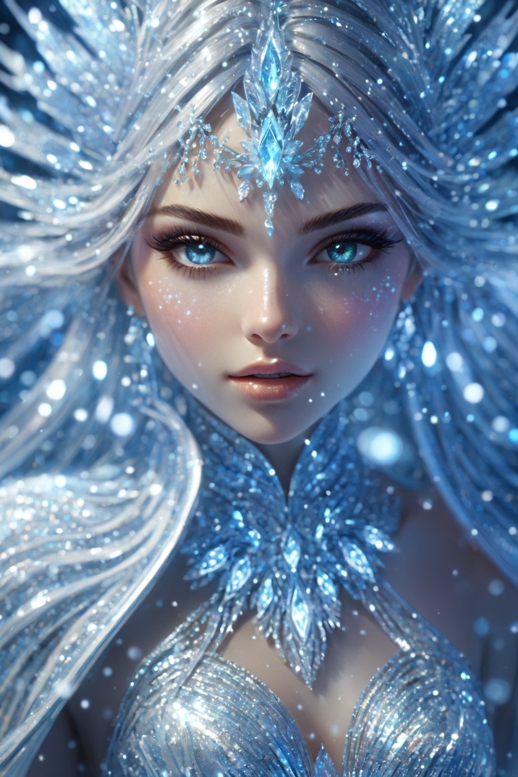 Futurististic Ice Goddess, Radiant and luminous Eyes Realistic Face, Blowing Messy Hair Iridescent Snowflakes Crystal Beads Curtain creating a mesmerizing visual spectacle ((The winter landscape is bathed)) Her animated 3D form is adorned with intricate metallic details and glowing LED lights detailed gorgeous face, extremely detailed eyes, dreamy, glowing, backlit, glamour, glimmer, shadows, Ultra Hyper Deatiled, Hyper realistic, cinematic environment, photorealistic, minimal wear, photorealistic, Hyper Realistic, extremely detailed, Hyper Realistic, Multicolor Intense Vivid Color Pallete, Elegant, Fascinated, Symmetrical, evocative pose, 8K, art inspaired by Cris Ortega, Omar OrtizCinematic pose, Dynamic movements, fashion shoot, cinematic pose, Niji expressive style, ,aw0k euphoric style