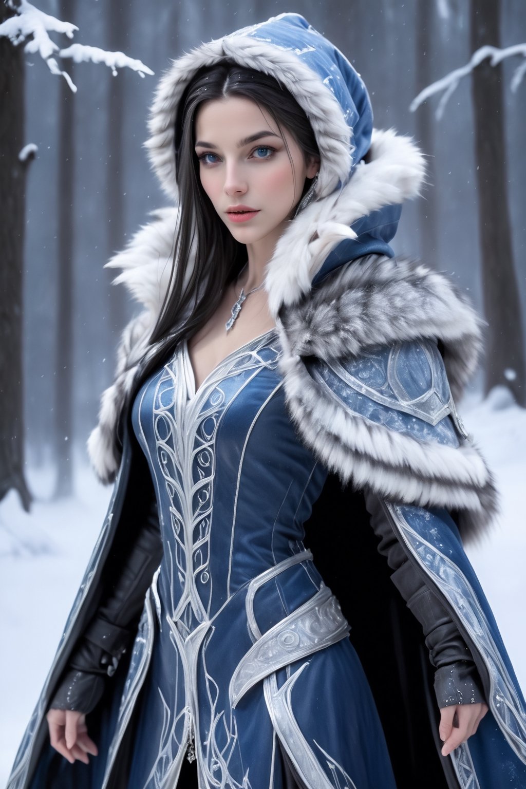 ((top-quality, 8K, masterpiece:1.3)),soft smile, Beautiful crystal blue eyes, platinum silver shining hair, long elvish braid, side braid, Elf Maiden, winter night image, snowflakes, Mature, huge stunning goddess shot, the extremely hot and sexy, powerful and huge, jaw dropping beauty, goddess of Japan, very Bigger breasts, Big ass, (thigh visible), in the snow, Beautiful woman with perfect body shape:1.4, Slender Abs:1.1, Highly detailed facial and skin texture, A detailed eye, (looking at from the front), Look at the camera, ((1girl in, perfectly proportions, Beautiful body, Detailed skin, Detailed eyes:1.5)), ((perfectly proportions, Beautiful body, showing your whole body:1.5)), ((wearing a  leather tunic, hooded cloak, animal fur hood, intricate clothing, waistband, fur collar:1.5)), ((beautiful young Elf lady:1.5)), ((Everything is sparkling, reflecting light:1.2)), snowy forest, (Best Ratio: 4 fingers, 1 thumb), Snowing, (From knee to chest:1.5),  (portrait),midjourney,oda non
