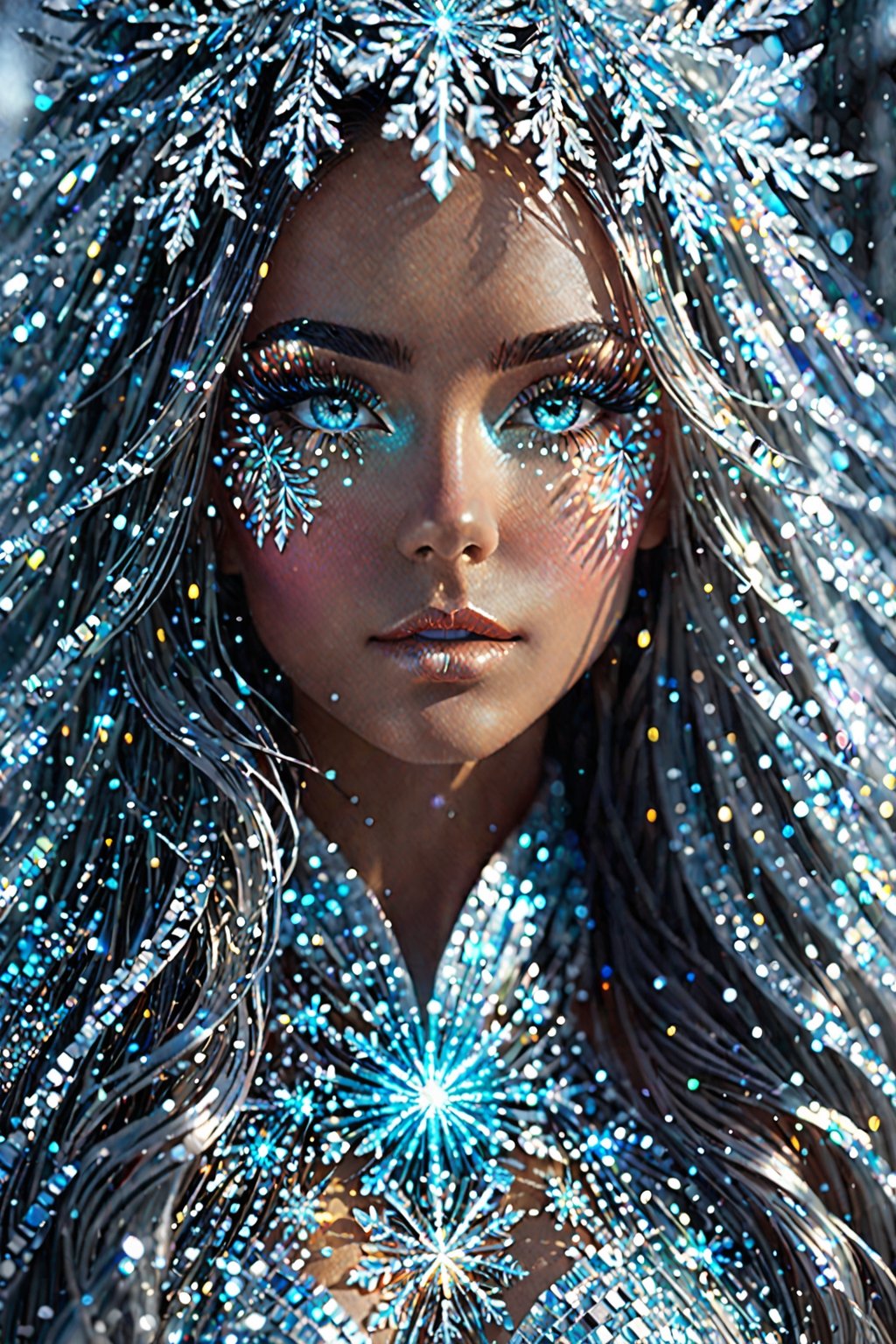 Futurististic Ice Goddess, Radiant and luminous Eyes Realistic Face, Blowing Messy Hair Iridescent Snowflakes Crystal Beads Curtain creating a mesmerizing visual spectacle ((The winter landscape is bathed)) Her animated 3D form is adorned with intricate metallic details and glowing LED lights detailed gorgeous face, extremely detailed eyes, dreamy, glowing, backlit, glamour, glimmer, shadows, Ultra Hyper Deatiled, Hyper realistic, cinematic environment, photorealistic, minimal wear, photorealistic, Hyper Realistic, extremely detailed, Hyper Realistic, Multicolor Intense Vivid Color Pallete, Elegant, Fascinated, Symmetrical, evocative pose, 8K, art inspaired by Cris Ortega, Omar OrtizCinematic pose, Dynamic movements, fashion shoot, cinematic pose, Niji expressive style, ,aw0k euphoric style