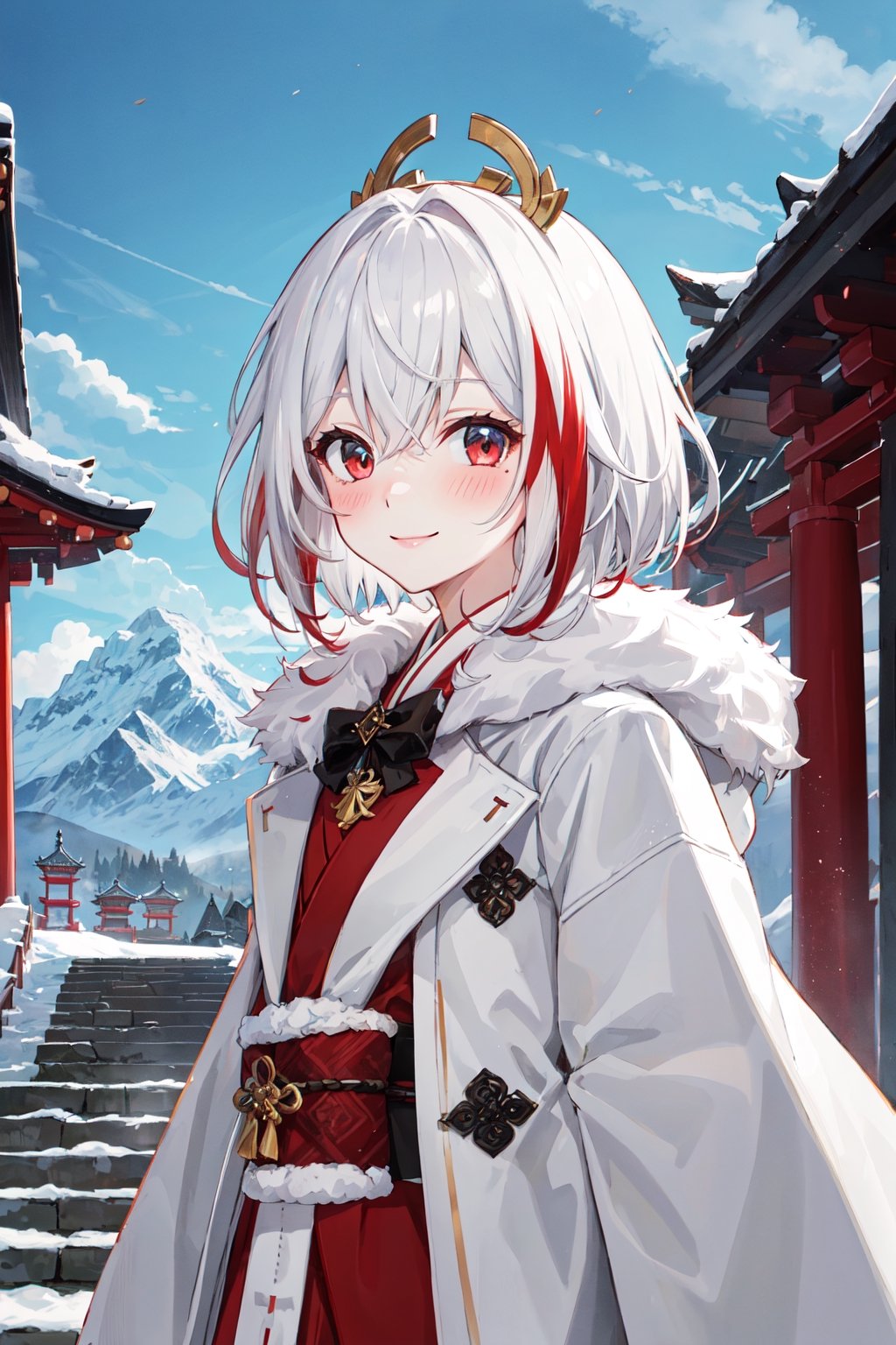 ((white and red full lenght fur coat, fur trim)), yaemikodef, upper body, smile, blush, outdoors, day, simple background, blue sky, short hair, sky, temple, looking at viewer, stairs, mountain, moody lighting, facing viewer