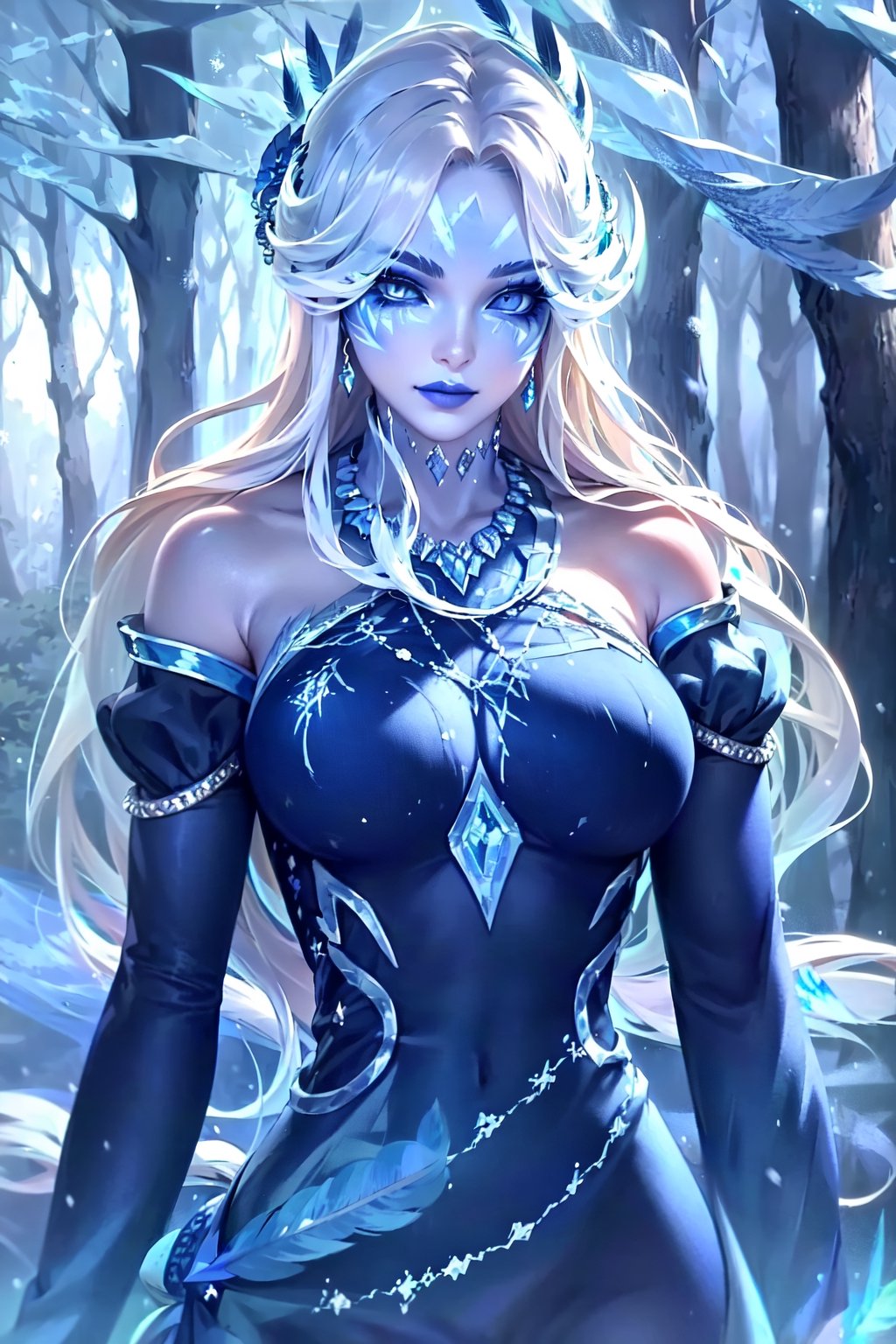 ((top-quality, 8K, masterpiece:1.3)), ((1girl in, perfectly proportions, Beautiful body, Detailed skin, Detailed eyes, with long white hair, fair skin, blue eyes, makeup, painted eyelashes, :1.5)), ((perfectly proportions, Beautiful body, flirts:1.5)), ((wearing a in a beautiful expensive dark blue dress without shoulders with a slit on the chest made of fabric and feathers with patterns of flowers with sleeves, fabric necklace collar with patterns and precious stones, fur trim big diadema decorated with diamonds:1.5)),  ((in the park among trees shining in the morning glow and ice, Snowing:1.5)) ((Highly detailed facial and skin texture, high detailed eye:1.5)),