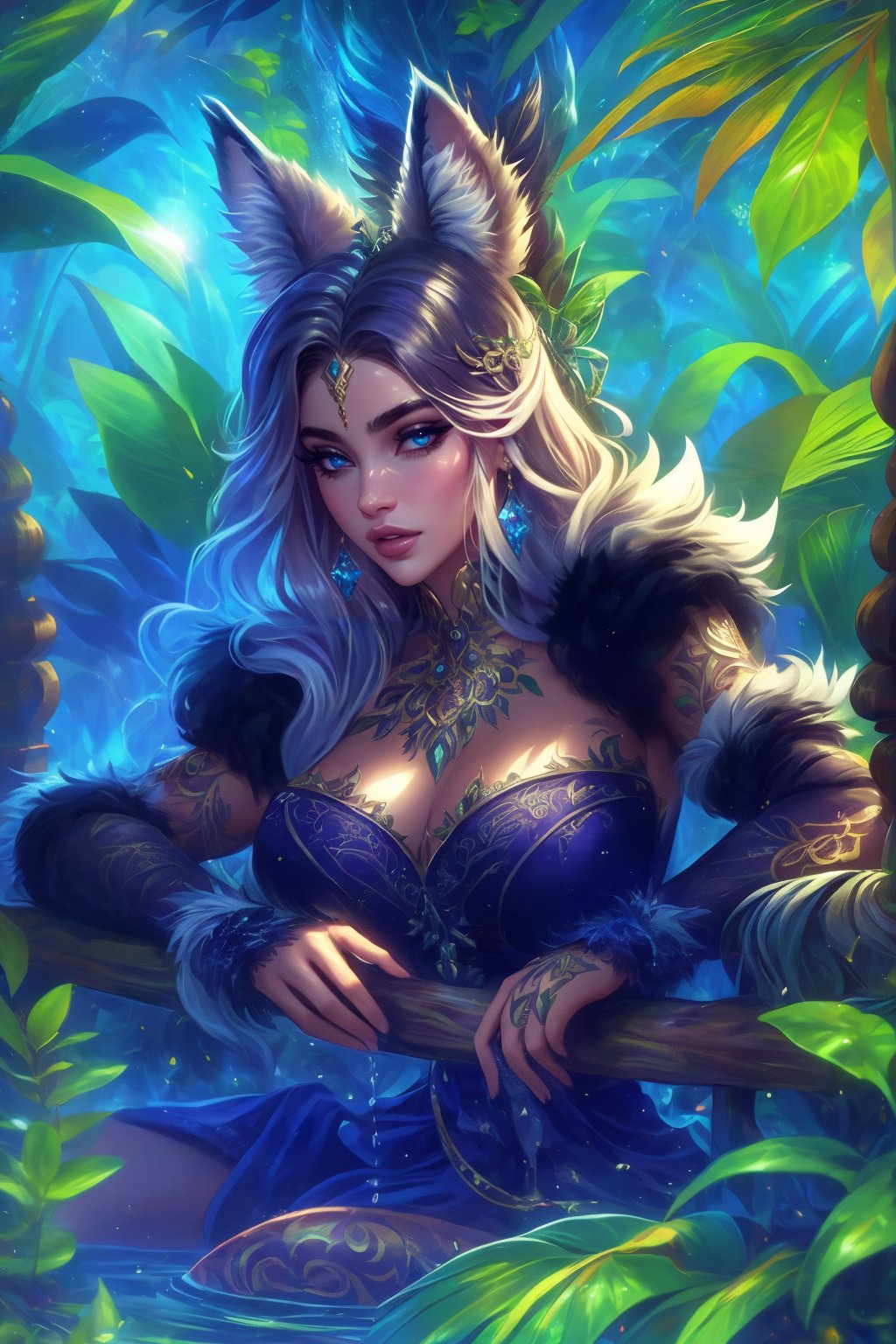 In a lush, verdant jungle oasis, a stunning maiden reclines on a plush, wooden four-poster bed, her long, flowing white hair cascading down her back like a river of moonlight. Her soft, black-white fur dress clings to her curves, adorned with a fluffy fur boa and cuffs that seem to shimmer in the warm, golden light.

The maiden's azure eyes lock onto the viewer, burning with a sultry intensity as she leans back against the structure behind her, one hand trailing down the wooden frame. Her body glistens with dew-kissed sweat, accentuating every toned muscle and sensual curve.

Tribal tattoos dance across her skin, imbuing her with an air of mystery and exotic allure. A fluffy fox tail and ears sprout from the back of her head, adding a touch of whimsy to this ravishing beauty's appearance.

In the background, the jungle foliage appears to come alive, with leaves reflecting the soft light like tiny mirrors. The overall composition is balanced, drawing the viewer's gaze to the maiden's captivating form as she seems to beckon them closer.