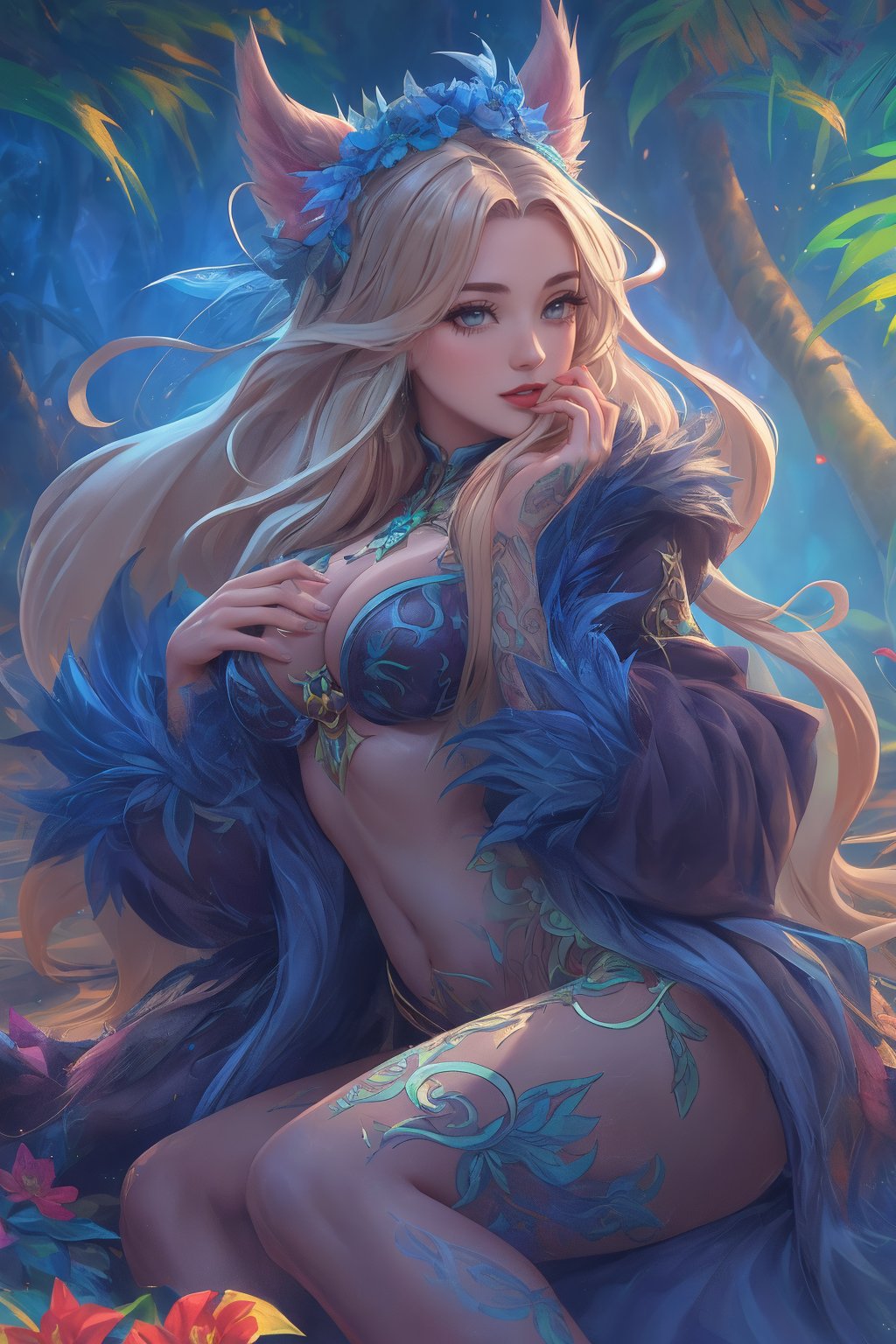 Masterpiece in maximum 16K resolution, anime style with erotic and tribal elements. | A beautiful maiden with long straightened shining light brown hair with a fluffy soft fox tail and ears wearing her soft dark fluffy fur coat, wearing headband with blue roses, wearing white fur boa, wearing fur trim collar, wearing fur trimmed fluffy cuffs, wearing round glasses. Her body is drenched in sweat, highlighting her sensual curves and muscles toned. She has several tribal tattoos on her body, adding an exotic and mysterious touch to her appearance, adding a feminine and seductive touch to her image. Her green eyes with a seductive gaze, conveying a sense of desire and passion. | Maiden resting on the bed in an expensive wooden bedroom overlooking the jungle | Balanced composition with a medium angle, emphasizing the beauty and sensuality of the woman and the exotic and mystical scenery around her. | With soft, warm lighting, creating a soft contrast between light and dark areas, highlighting the details of the coat and tattoos. Reflection effects on leaves and damp surfaces, enhancing the beauty and shine of details. | The camera is positioned very close to her, revealing her entire body as she assumes an erotic pose, interacting with and leaning against a structure in the scene in an exciting way | ((She takes an erotic pose as she interacts, boldly leaning on a structure, leaning back in an exciting way)), ((((full-body_image)))), ((perfect pose, perfect anatomy, perfect body, two legs, two hands)), ((better hands, perfect fingers, perfect legs, perfect hands)), ((average_breasts)), ((perfect composition, perfect design, perfect layout, correct imperfections) ), Add more detail, More Detail, Enhance, Masterpiece,AuroraIce