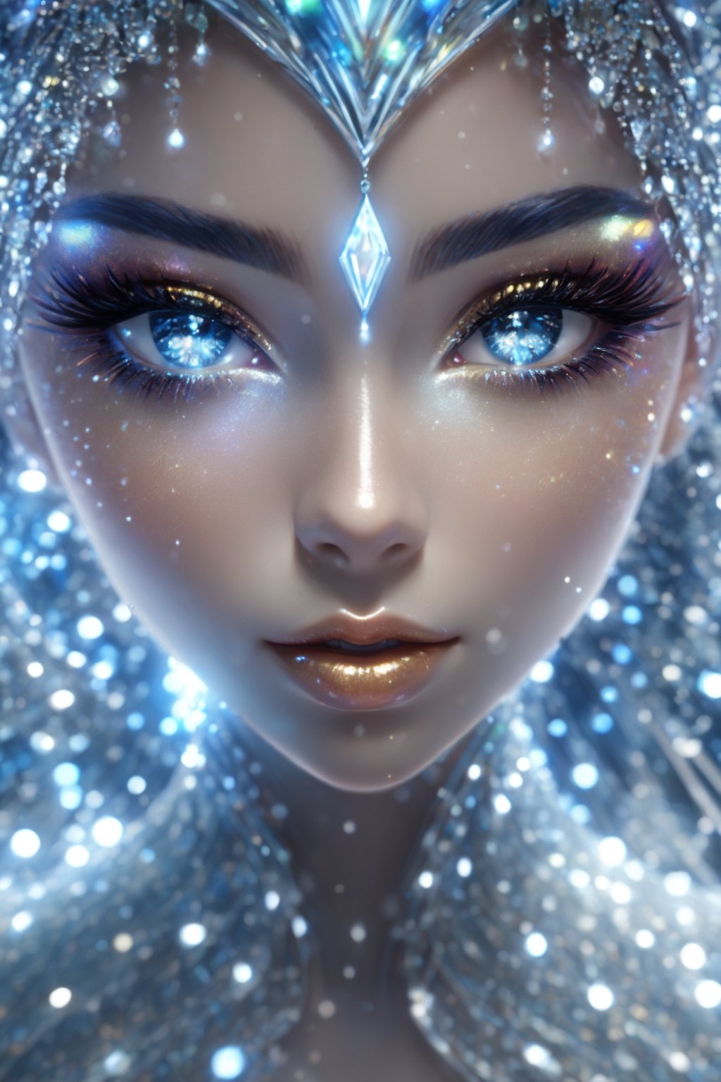 Futurististic Ice Goddess, Radiant and luminous Eyes Realistic Face, Blowing Messy Hair Iridescent Snowflakes Crystal Beads Curtain creating a mesmerizing visual spectacle ((The winter landscape is bathed)) Her animated 3D form is adorned with intricate metallic details and glowing LED lights detailed gorgeous face, extremely detailed eyes, dreamy, glowing, backlit, glamour, glimmer, shadows, Ultra Hyper Deatiled, Hyper realistic, cinematic environment, photorealistic, minimal wear, photorealistic, Hyper Realistic, extremely detailed, Hyper Realistic, Multicolor Intense Vivid Color Pallete, Elegant, Fascinated, Symmetrical, evocative pose, 8K, art inspaired by Cris Ortega, Omar OrtizCinematic pose, Dynamic movements, fashion shoot, cinematic pose, Niji expressive style, ,aw0k euphoric style