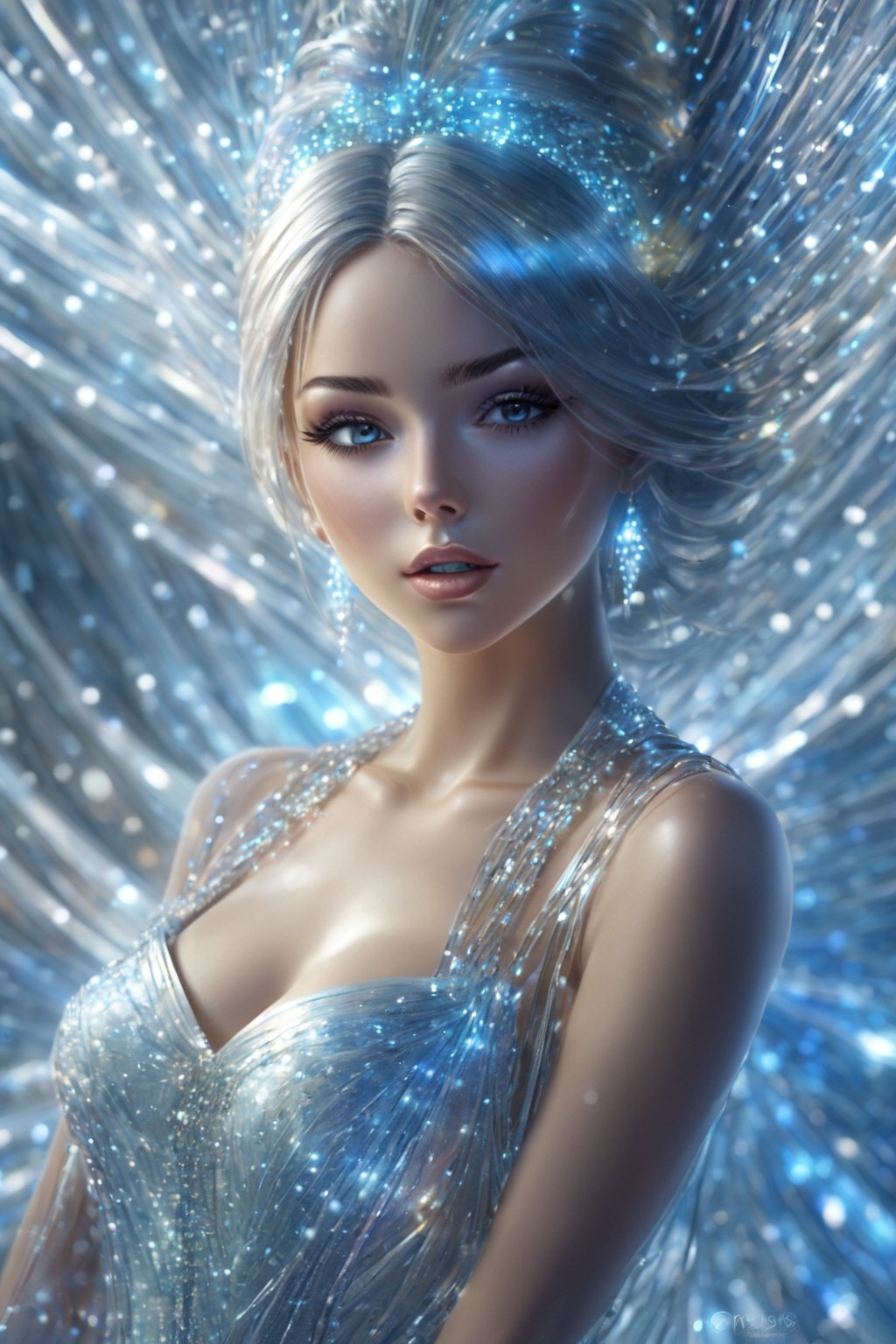 Futurististic Ice Goddess, Radiant and luminous Eyes Realistic Face, Blowing Messy Hair Iridescent Snowflakes Crystal Beads Curtain creating a mesmerizing visual spectacle ((The winter landscape is bathed)) Her animated 3D form is adorned with intricate metallic details and glowing LED lights detailed gorgeous face, extremely detailed eyes, dreamy, glowing, backlit, glamour, glimmer, shadows, Ultra Hyper Deatiled, Hyper realistic, cinematic environment, photorealistic, minimal wear, photorealistic, Hyper Realistic, extremely detailed, Hyper Realistic, Multicolor Intense Vivid Color Pallete, Elegant, Fascinated, Symmetrical, evocative pose, 8K, art inspaired by Cris Ortega, Omar OrtizCinematic pose, Dynamic movements, fashion shoot, cinematic pose, Niji expressive style, ,aw0k euphoric style