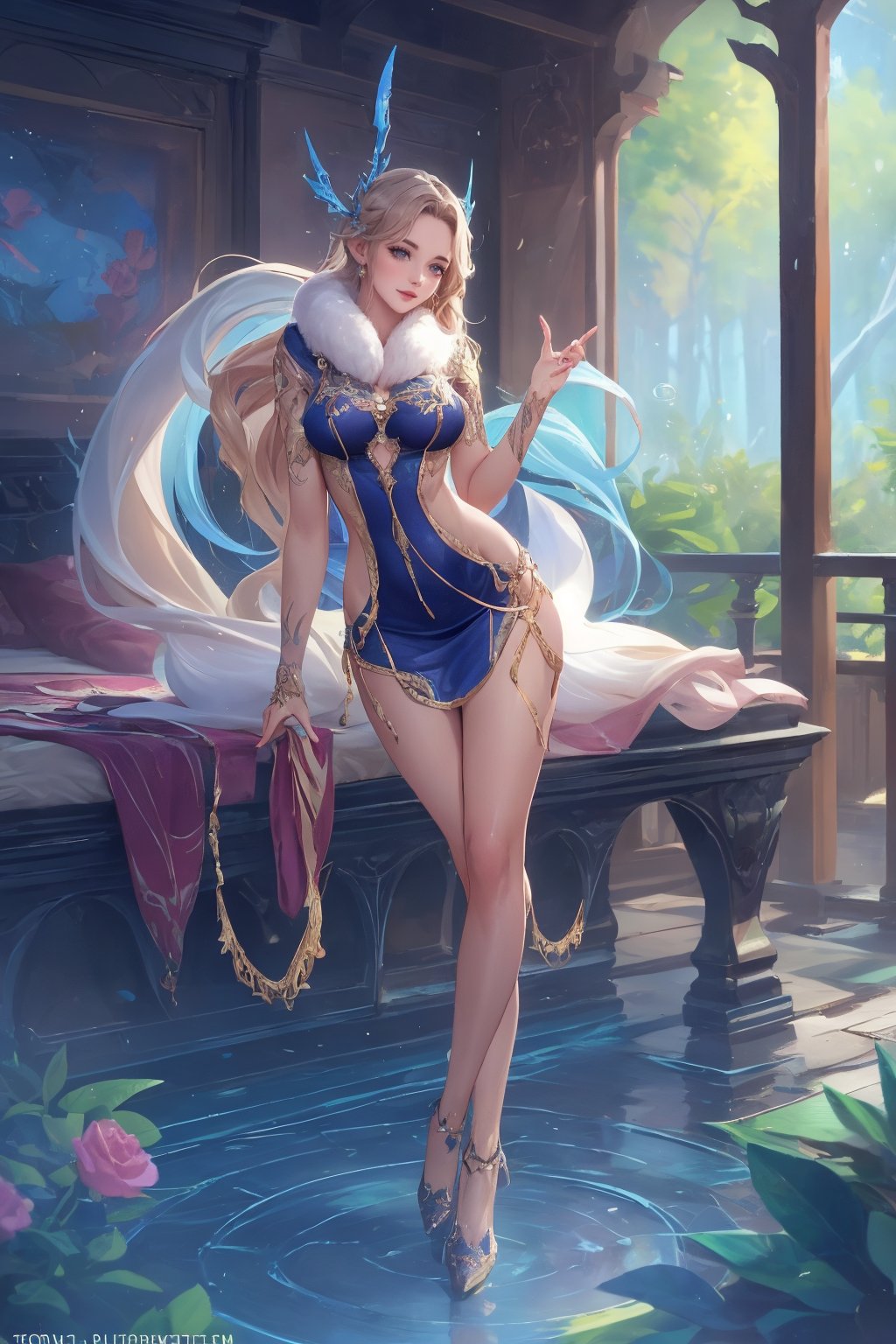 Masterpiece in maximum 16K resolution, anime style with erotic and tribal elements. | A beautiful maiden with long straightened shining light brown hair with a fluffy soft fox tail and ears wearing her soft dark fluffy fur coat, wearing headband with blue roses, wearing white fur boa, wearing fur trim collar, wearing fur trimmed fluffy cuffs, wearing round glasses. Her body is drenched in sweat, highlighting her sensual curves and muscles toned. She has several tribal tattoos on her body, adding an exotic and mysterious touch to her appearance, adding a feminine and seductive touch to her image. Her green eyes with a seductive gaze, conveying a sense of desire and passion. | Maiden resting on the bed in an expensive wooden bedroom overlooking the jungle | Balanced composition with a medium angle, emphasizing the beauty and sensuality of the woman and the exotic and mystical scenery around her. | With soft, warm lighting, creating a soft contrast between light and dark areas, highlighting the details of the coat and tattoos. Reflection effects on leaves and damp surfaces, enhancing the beauty and shine of details. | The camera is positioned very close to her, revealing her entire body as she assumes an erotic pose, interacting with and leaning against a structure in the scene in an exciting way | ((She takes an erotic pose as she interacts, boldly leaning on a structure, leaning back in an exciting way)), ((((full-body_image)))), ((perfect pose, perfect anatomy, perfect body, two legs, two hands)), ((better hands, perfect fingers, perfect legs, perfect hands)), ((average_breasts)), ((perfect composition, perfect design, perfect layout, correct imperfections) ), Add more detail, More Detail, Enhance, Masterpiece,AuroraIce