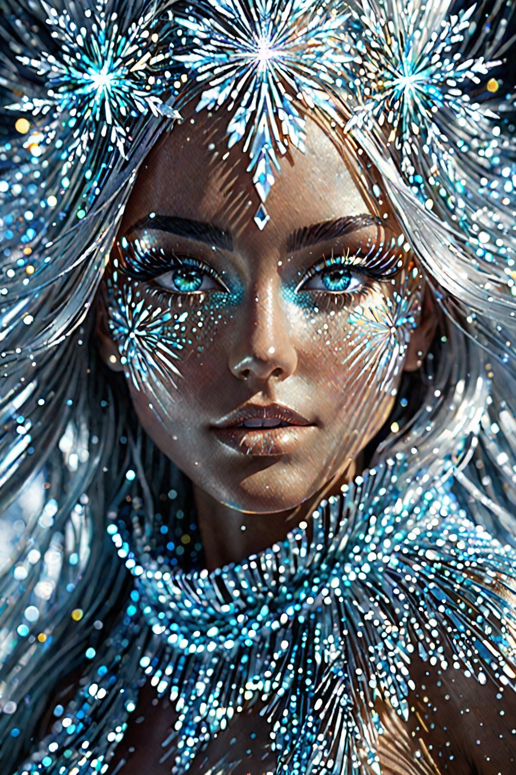 Futurististic Ice Goddess, Radiant and luminous Eyes Realistic Face, Blowing Messy Hair Iridescent Snowflakes Crystal Beads Curtain creating a mesmerizing visual spectacle ((The winter landscape is bathed)) Her animated 3D form is adorned with intricate metallic details and glowing LED lights detailed gorgeous face, extremely detailed eyes, dreamy, glowing, backlit, glamour, glimmer, shadows, Ultra Hyper Deatiled, Hyper realistic, cinematic environment, photorealistic, minimal wear, photorealistic, Hyper Realistic, extremely detailed, Hyper Realistic, Multicolor Intense Vivid Color Pallete, Elegant, Fascinated, Symmetrical, evocative pose, 8K, art inspaired by Cris Ortega, Omar OrtizCinematic pose, Dynamic movements, fashion shoot, cinematic pose, Niji expressive style, ,aw0k euphoric style