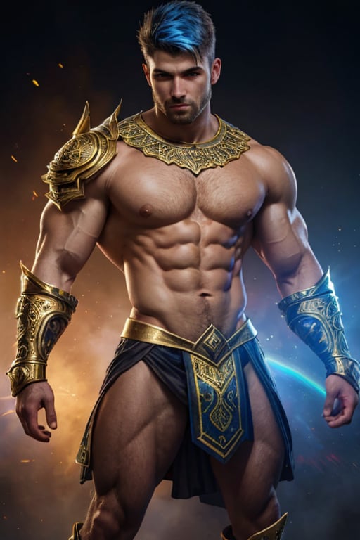 Photorealistic. A sexy male war mage, bright rainbow prismatic holographic hair, Perfect Athletic build, muscular shoulders, golden intricate pauldrons , muscular chest, shrug (clothing) six pack abs, muscular legs, short Kilt side slits for legs, handsome face, determined look,  