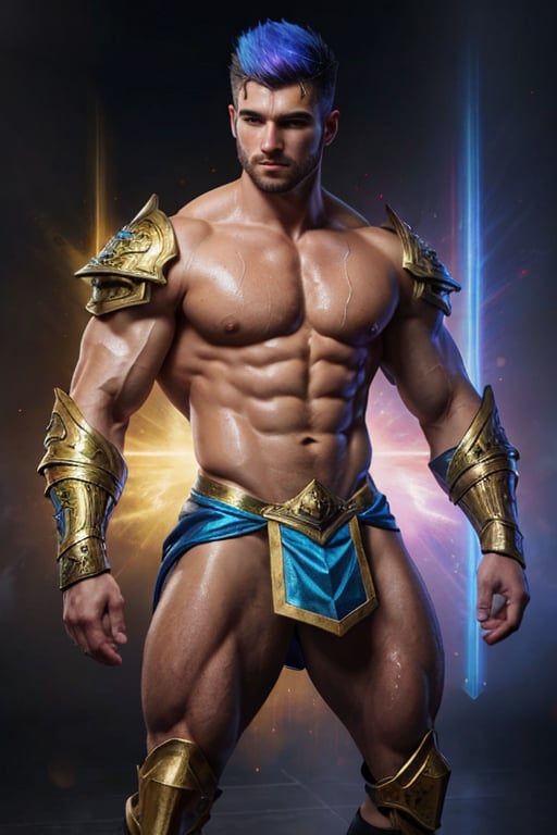 Photorealistic. A sexy male war mage, bright prismatic holographic rainbow hair, Perfect Athletic build, wet look, muscular shoulders, golden intricate pauldrons , muscular chest, shrug (clothing) six pack abs, muscular legs, short Kilt side slits for legs, handsome face, determined look,  