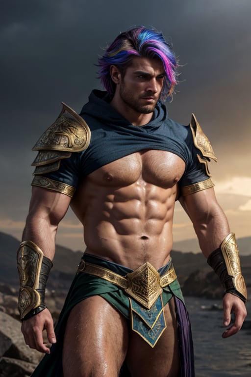 Photorealistic. A sexy male war mage. Athletic build, wet look, muscular shoulders, golden intricate pauldrons , muscular chest, shrug (clothing) six pack abs, muscular legs, short Kilt side slits for legs, handsome face, determined look, long layers of windswept multi colored holographic rainbow hair, 