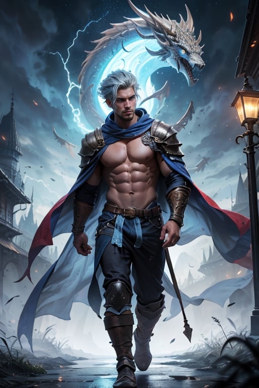 (high details, best quality, 16k, absurdres) [ultra detailed], masterpiece, best quality, (extremely detailed), dynamic angle, ultra wide shot, photorealistic, ((fantasy art)) ,dnd art, rpg art, realistic art, male air Genasi warlock, air warlock, controlling magical energy made of lightning, swirling blue tempest magical light, divine symbols (1.5 intricate details, Masterpiece, best quality, absurdres), toned male air Genasi , extremally sexy, fit body, light blue silver skin, dynamic windswept hair, dynamic short blue hair color, wearing shear cloth armor, midriff top, slim defined abs, 8 pack abs, defined chest, moon light, lightning, dynamic natural background, RPG art, magical atmosphere magic-fantasy-forest, ultra best realistic, best details, best quality, absurdres, 16k, [ultra detailed], masterpiece, best quality, (extremely detailed), ultra wide shot, photorealism, depth of field, hyper realistic painting, 3D rendering,frey4,n4git4,s4str0,Geayoub1