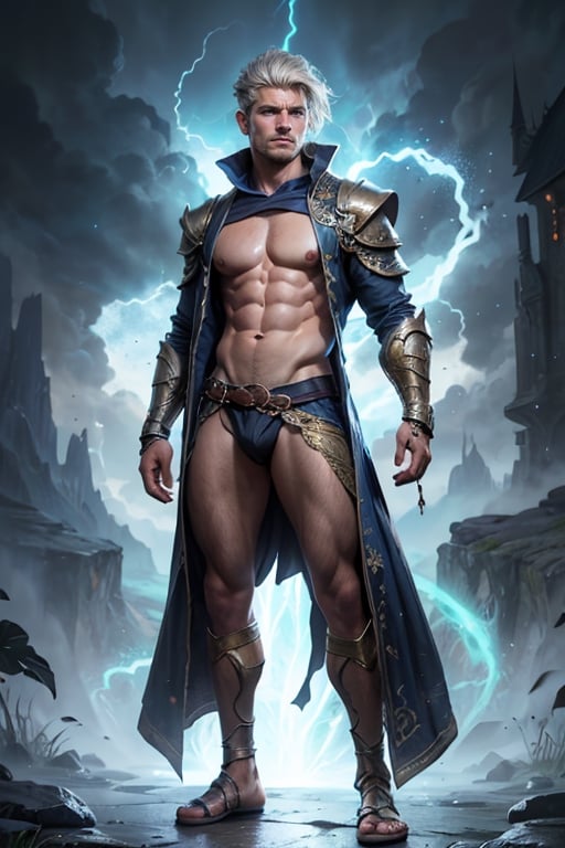 (high details, best quality, 16k, absurdres) [ultra detailed], masterpiece, best quality, (extremely detailed), dynamic angle, ultra wide shot, photorealistic, ((fantasy art)) ,dnd art, rpg art, realistic art, male air Genasi warlock, air warlock, controlling magical energy made of lightning, swirling blue tempest magical light, divine symbols (1.5 intricate details, Masterpiece, best quality, absurdres), toned male air Genasi , extremally sexy, fit body, light blue silver skin, dynamic windswept hair, dynamic short blue hair color, wearing shear cloth armor, midriff top, slim defined abs, 8 pack abs, defined chest, moon light, lightning, dynamic natural background, RPG art, magical atmosphere magic-fantasy-forest, ultra best realistic, best details, best quality, absurdres, 16k, [ultra detailed], masterpiece, best quality, (extremely detailed), ultra wide shot, photorealism, depth of field, hyper realistic painting, 3D rendering,frey4,n4git4,s4str0,Geayoub1