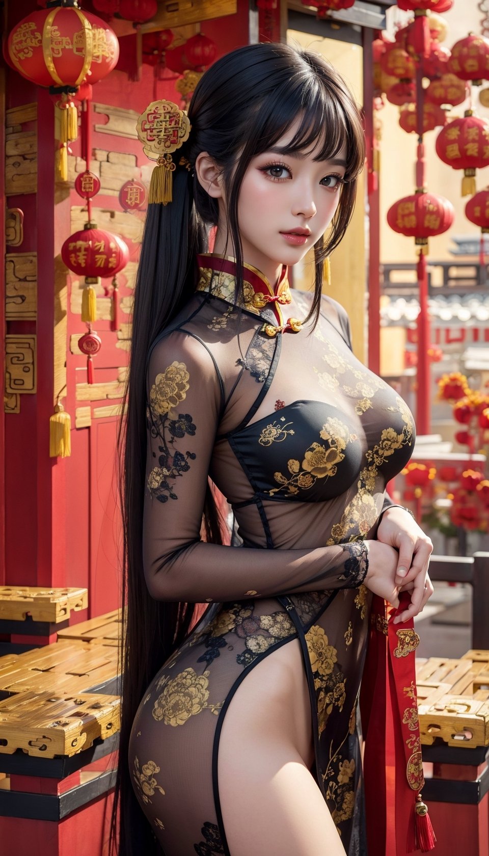 (masterpiece, top quality, best quality, official art, beautiful and aesthetic:1.2), hdr, high contrast, wideshot, 1girl, long straight black hair with blunt bangs, looking at viewer, light smile, clearly brown eyes, longfade eyebrow, soft make up, ombre lips, hourglass body, large breast, (chinese new year theme:1.5), finger detailed, subsurface dragon, background detailed, ambient lighting, extreme detailed, cinematic shot, realistic ilustration, (soothing tones:1.3), (hyperdetailed:1.2), subsurface golden dragon