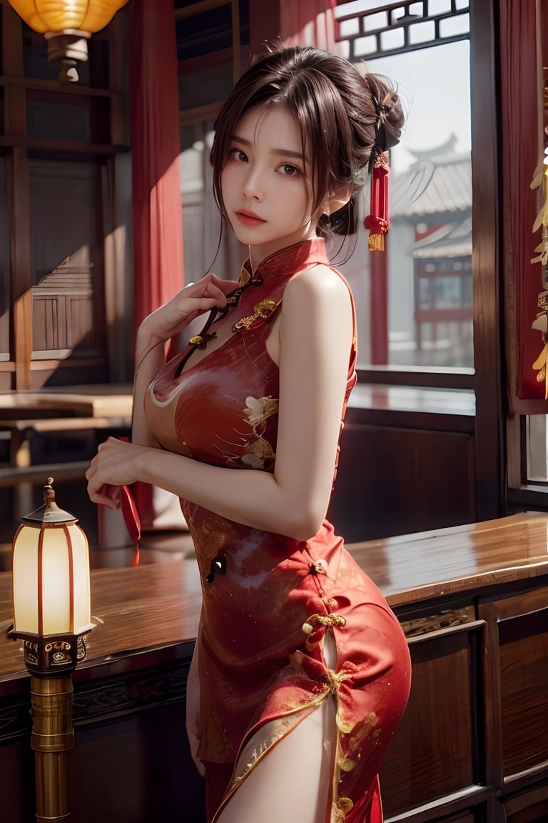 Beautiful asian girl, solo, {beautiful and detailed eyes}, medium breasts, calm expression, natural and soft light,bun hairstyle, hair blown by the breeze, delicate facial features, Blunt bangs, beautiful russian girl, Shiny skin, Pendants, Necklaces,(wearing a red cheongsam outfit:1.3), 20 year old, realhands,((model pose)), (background old Chinese home in 400 year and old lamp),sarahviloid,jenadammaya,nancy ,v4ni4